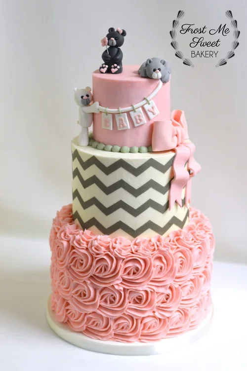 teddy+bear+pink+and+grey+chevron+cake Baby Shower cake.webp