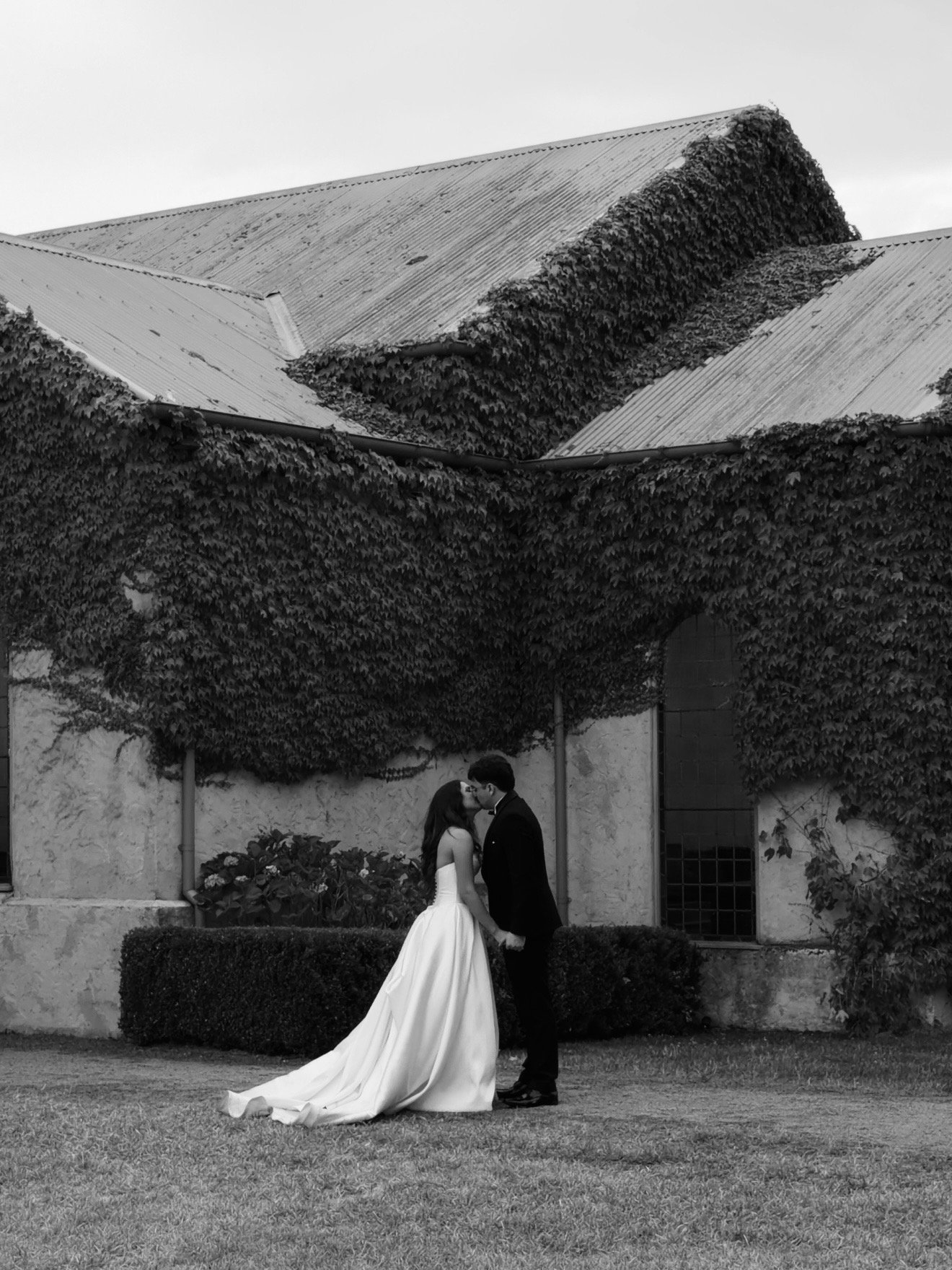 A bride and groom share a kiss outside a building covered in vines, with the bride in a flowing white wedding gown and the groom in a dark suit.
