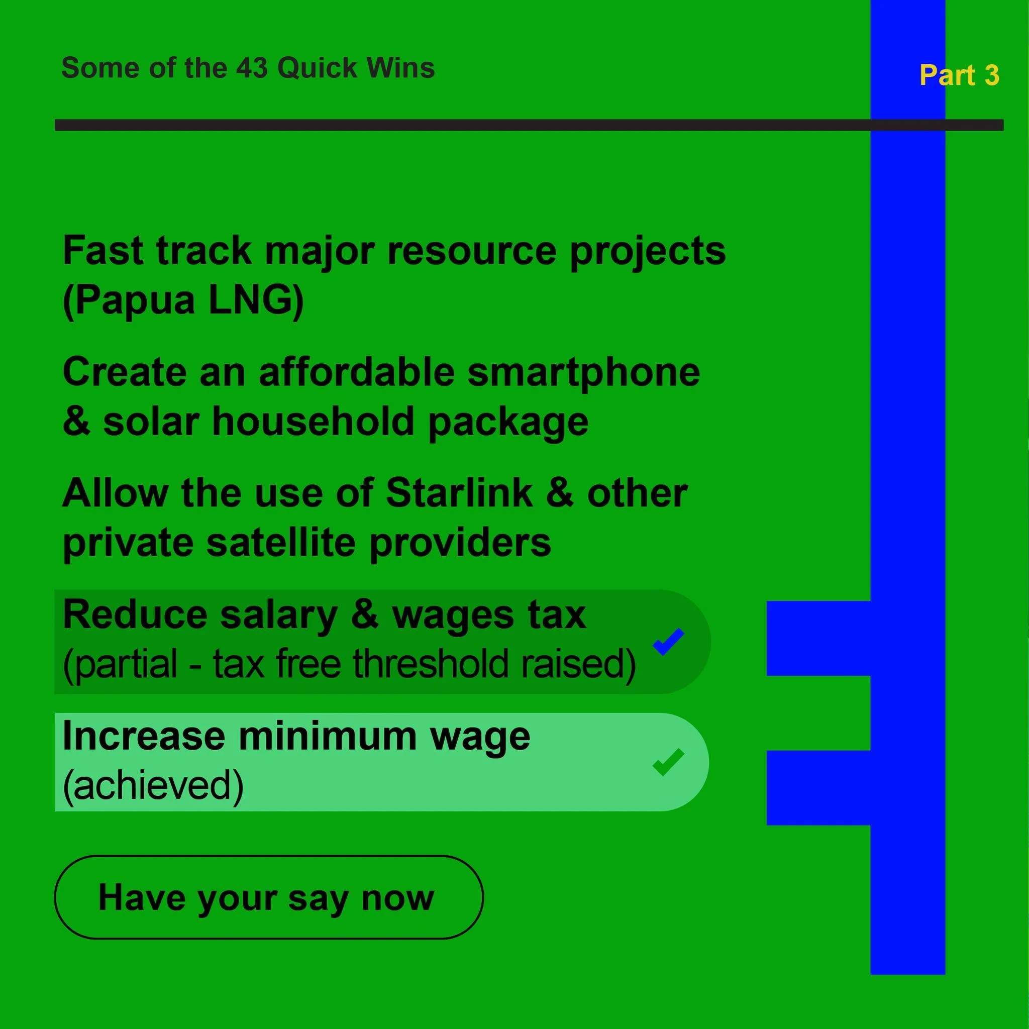 Practical steps. Immediate impact. Real benefits. Have your say. #ResetPNG #QuickWins #LowerTax #IncreaseMinimumWage #DigitalAccess #StarlinkPNG #EconomicRelief #ActionNow #PNG
