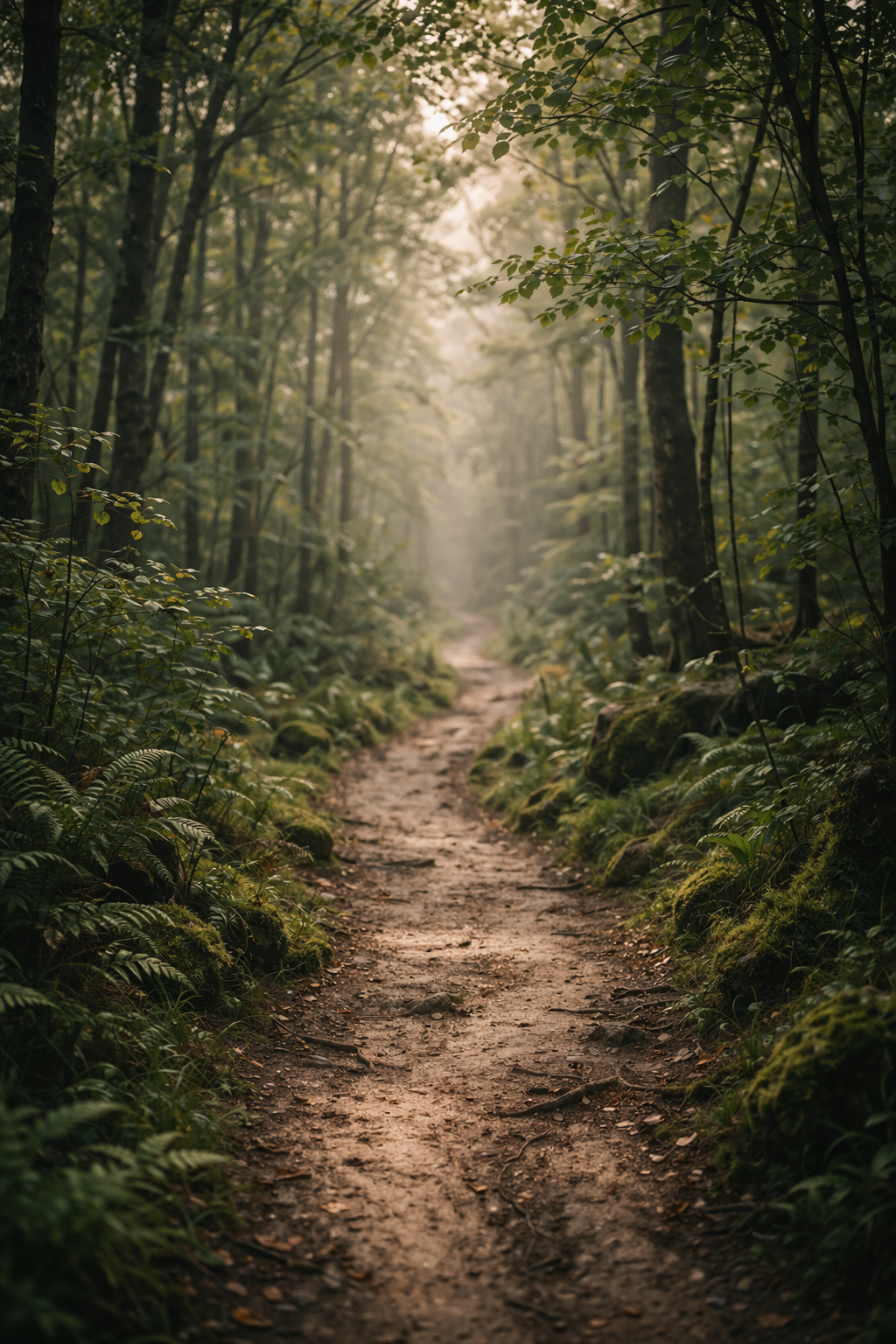 A dirt trail winding through a lush green forest with dense trees and foliage, soft sunlight filtering through the leaves.