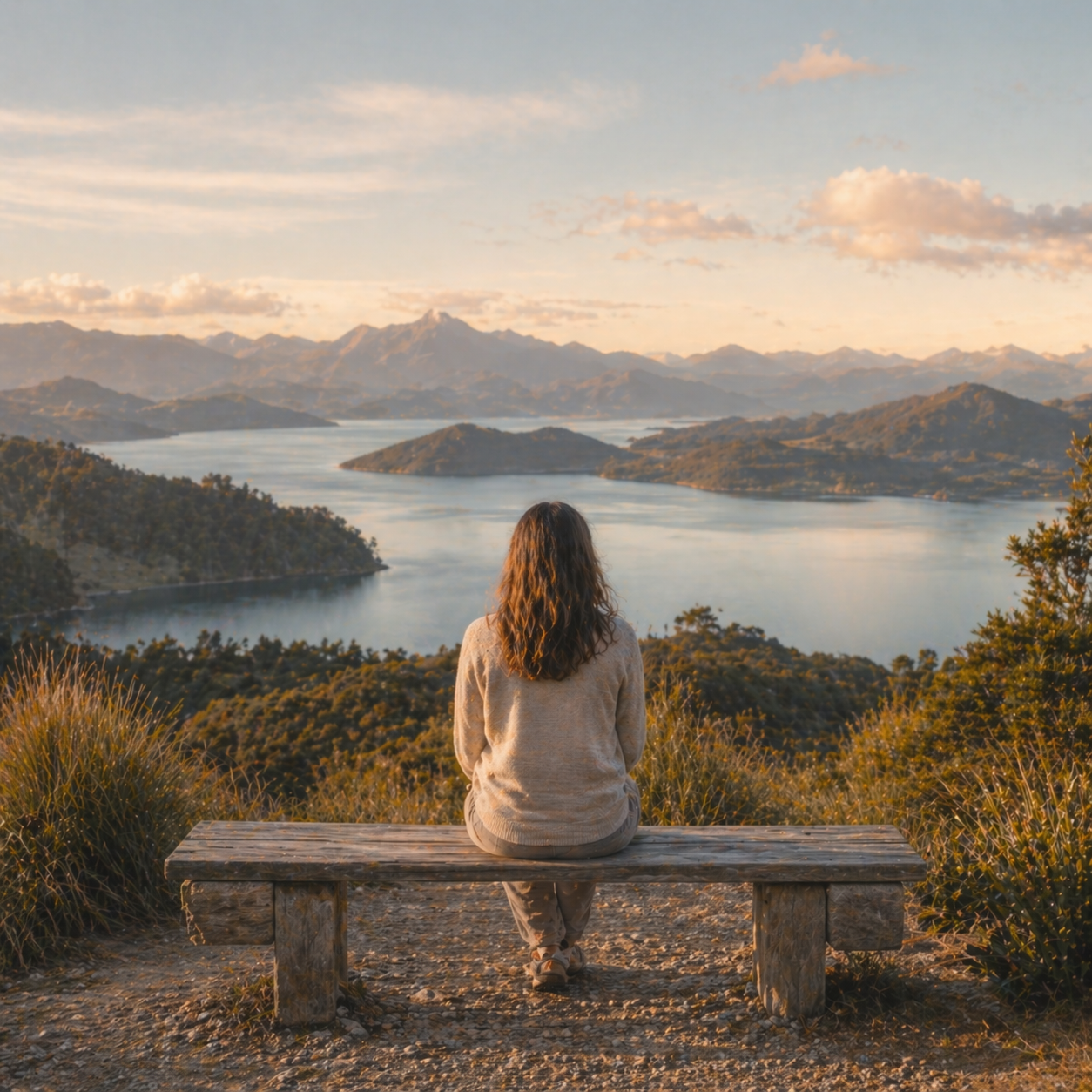 A woman with curly hair sitting on a wooden bench, looking at a scenic view of a lake, mountains, and islands during sunset.
