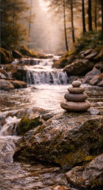 Stacked smooth stones on a large rock in a flowing river with a forest and waterfall in the background during sunset.