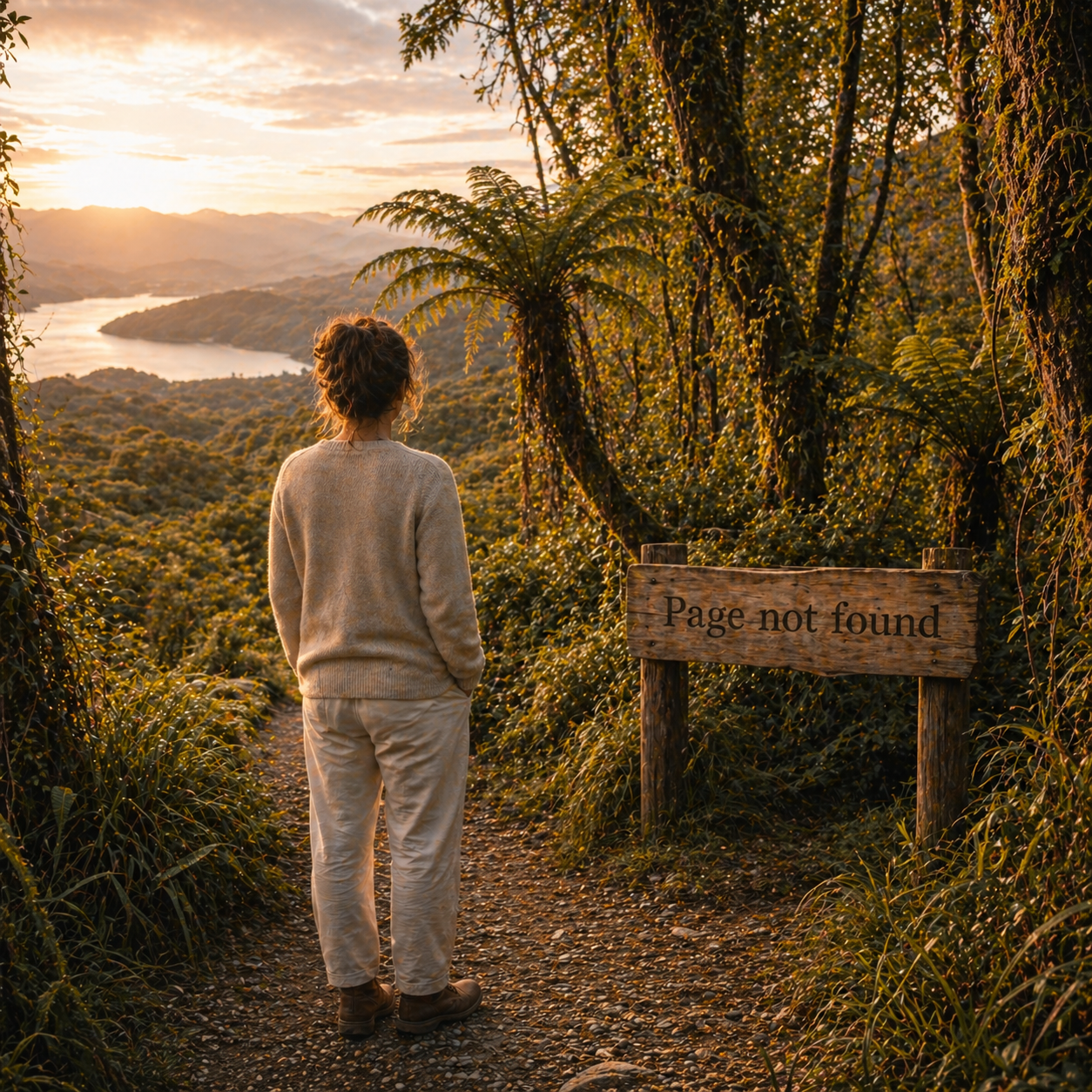 A woman standing on a forest trail at sunset, looking over a lake and mountain landscape with a "Page not found" sign on the side of the trail.