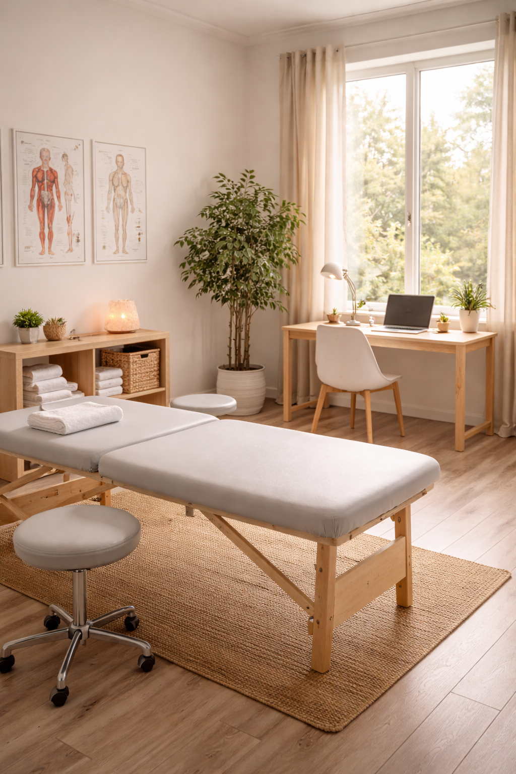A therapy or massage room with a massage table, a rolling stool, a workspace with a laptop and plants, and motivational posters on the wall. The room has natural light from a large window with beige curtains.