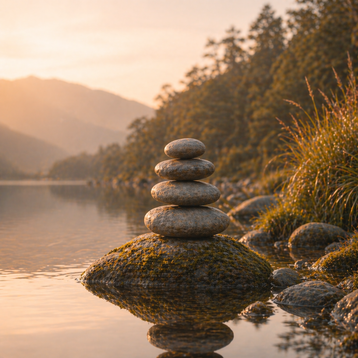 Stacked smooth stones on a rock by a calm river during sunset, with mountains and trees in the background.
