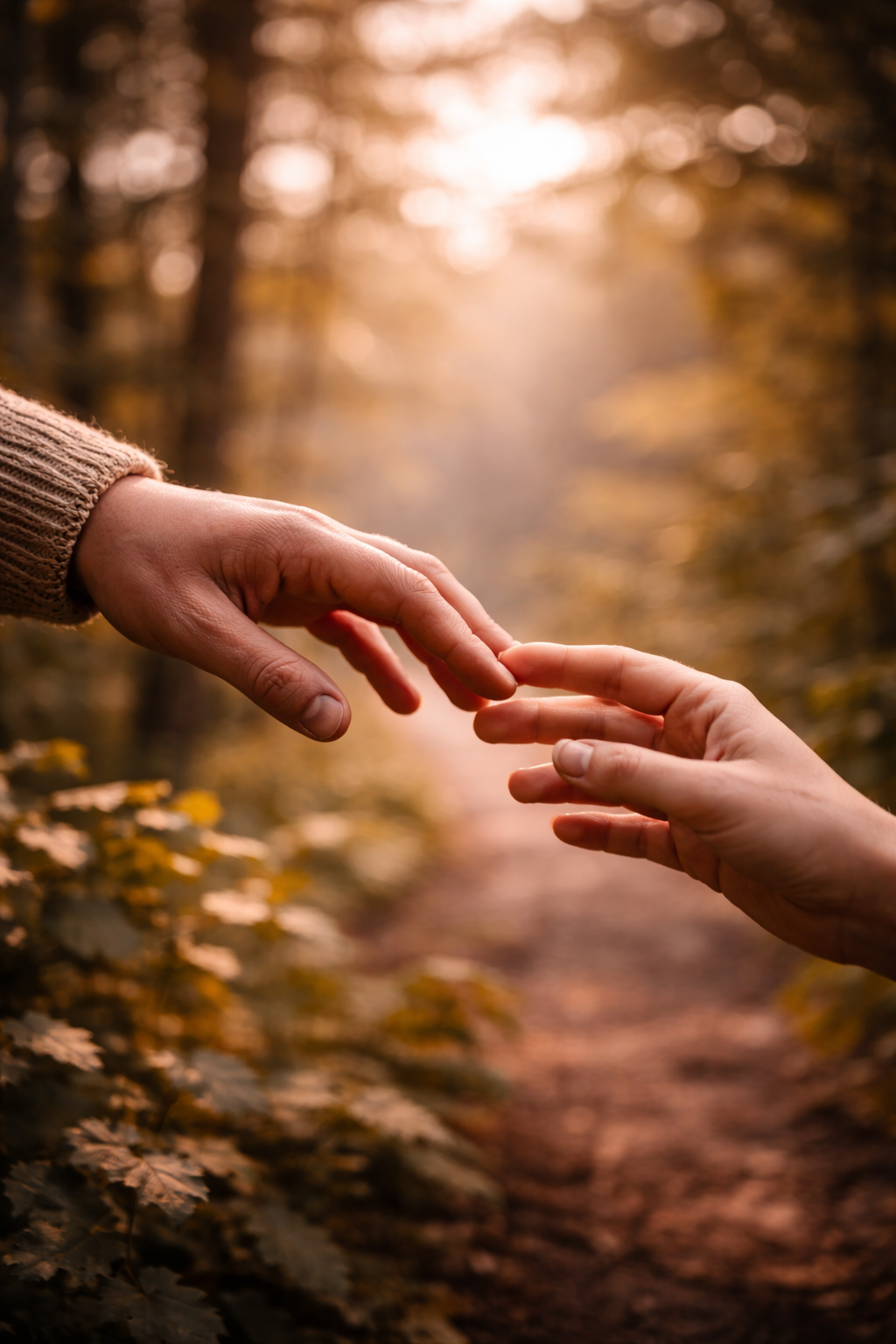 Two hands reaching towards each other in a forest with warm sunlight and autumn leaves.