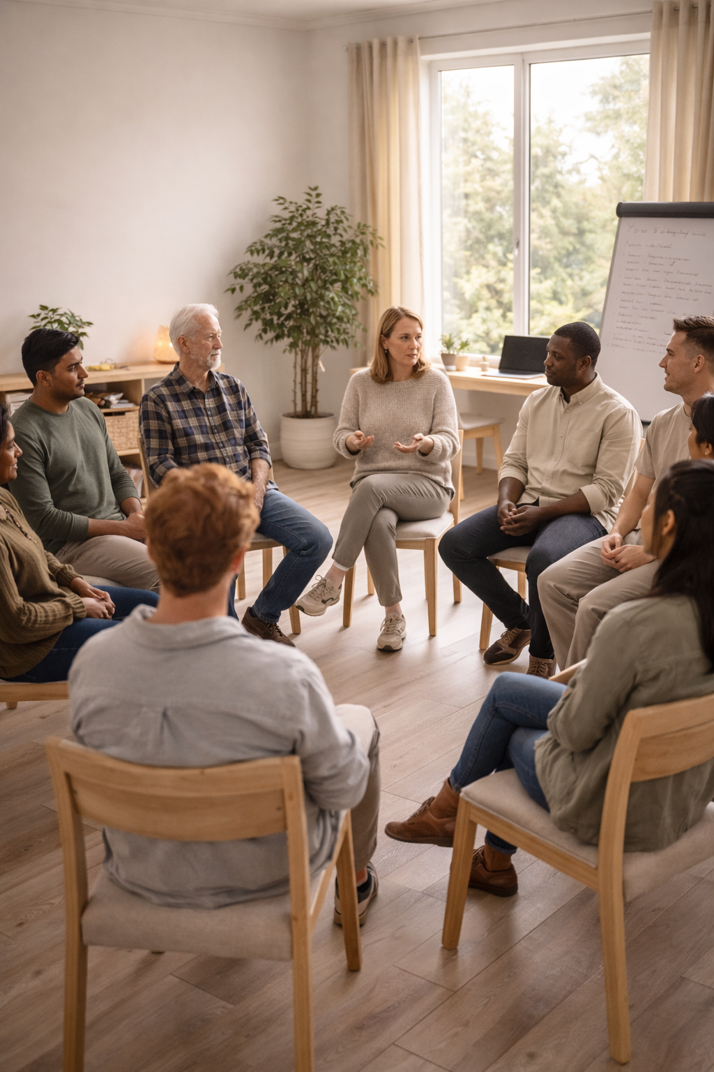 A diverse group of people sitting in a circle in a bright, cozy room with large window, participating in a discussion or workshop led by a woman with shoulder-length hair, wearing a beige sweater.