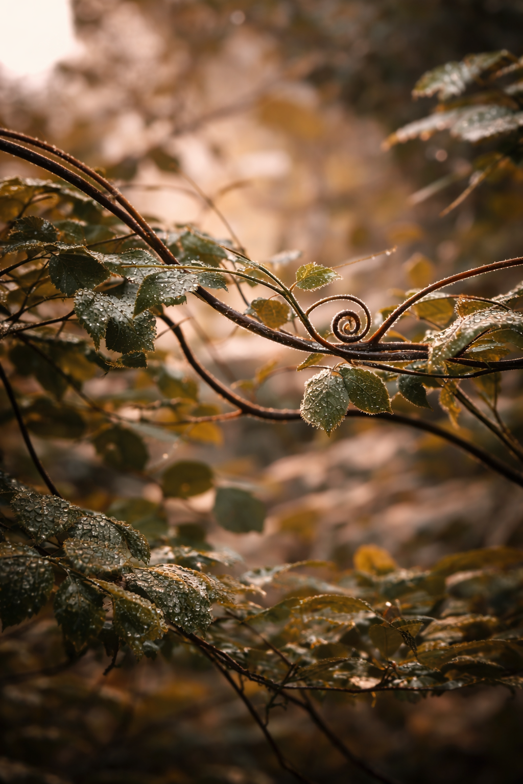 Close-up of green leaves with water droplets, curled vine, and warm sunlight in the background.