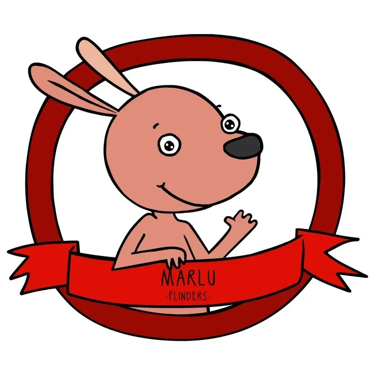 A cartoon illustration of Marlu, a kangaroo with bunny ears, smiling and waving, inside a red circular frame with a red banner that reads "MARLU - FLINDERS".