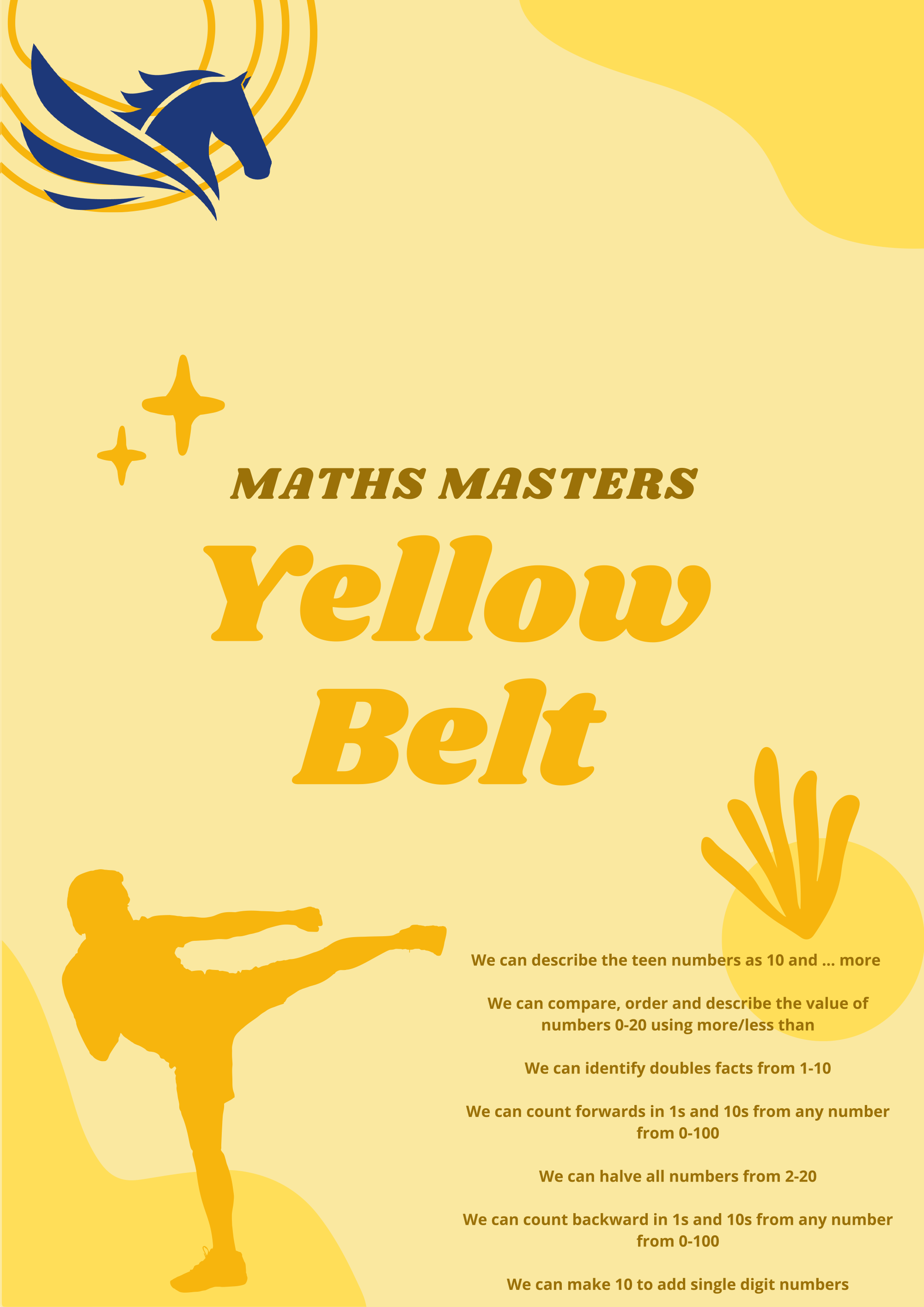 A certificate titled 'Maths Masters Yellow Belt'. It includes a blue horse logo, and a silhouette of a person performing a martial arts kick.