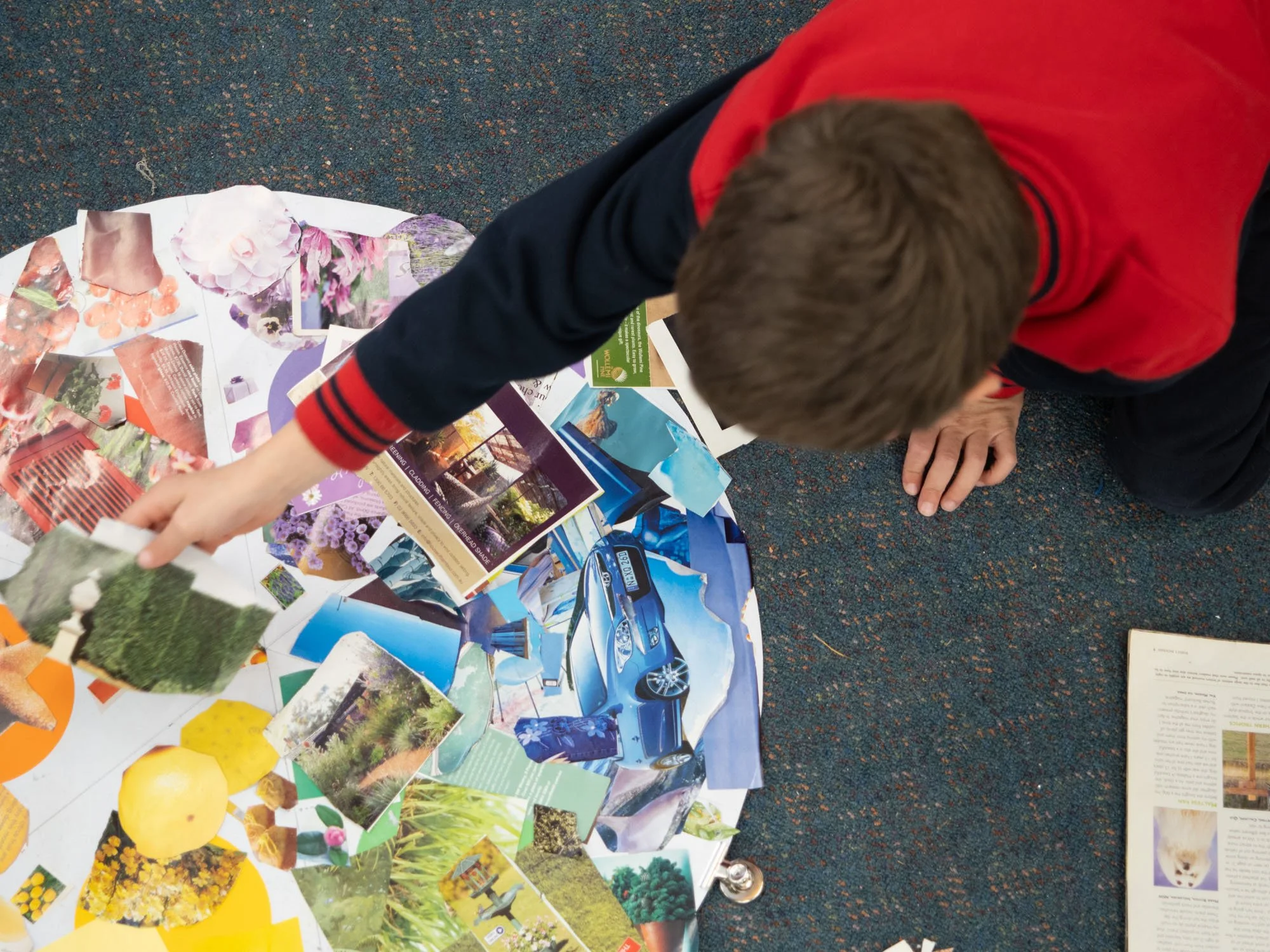 A child with brown hair wearing a red and navy blue jacket is kneeling on a multicolored carpet, reaching out with their right hand towards a collage of various colored paper images of nature, landscapes, and objects on the floor.