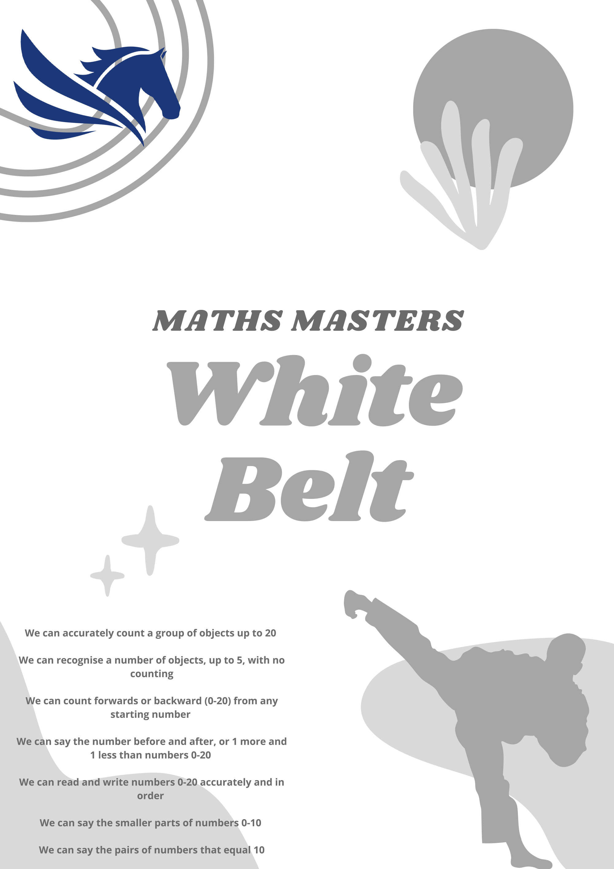 A certificate titled 'Maths Masters White Belt'. It includes a blue horse logo in the top left, and a silhouette of a person performing a martial arts kick in the bottom right.