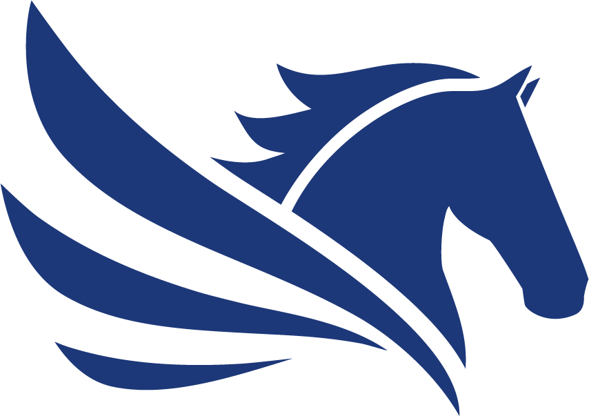 A logo featuring a stylized horse head in navy blue with abstract wings