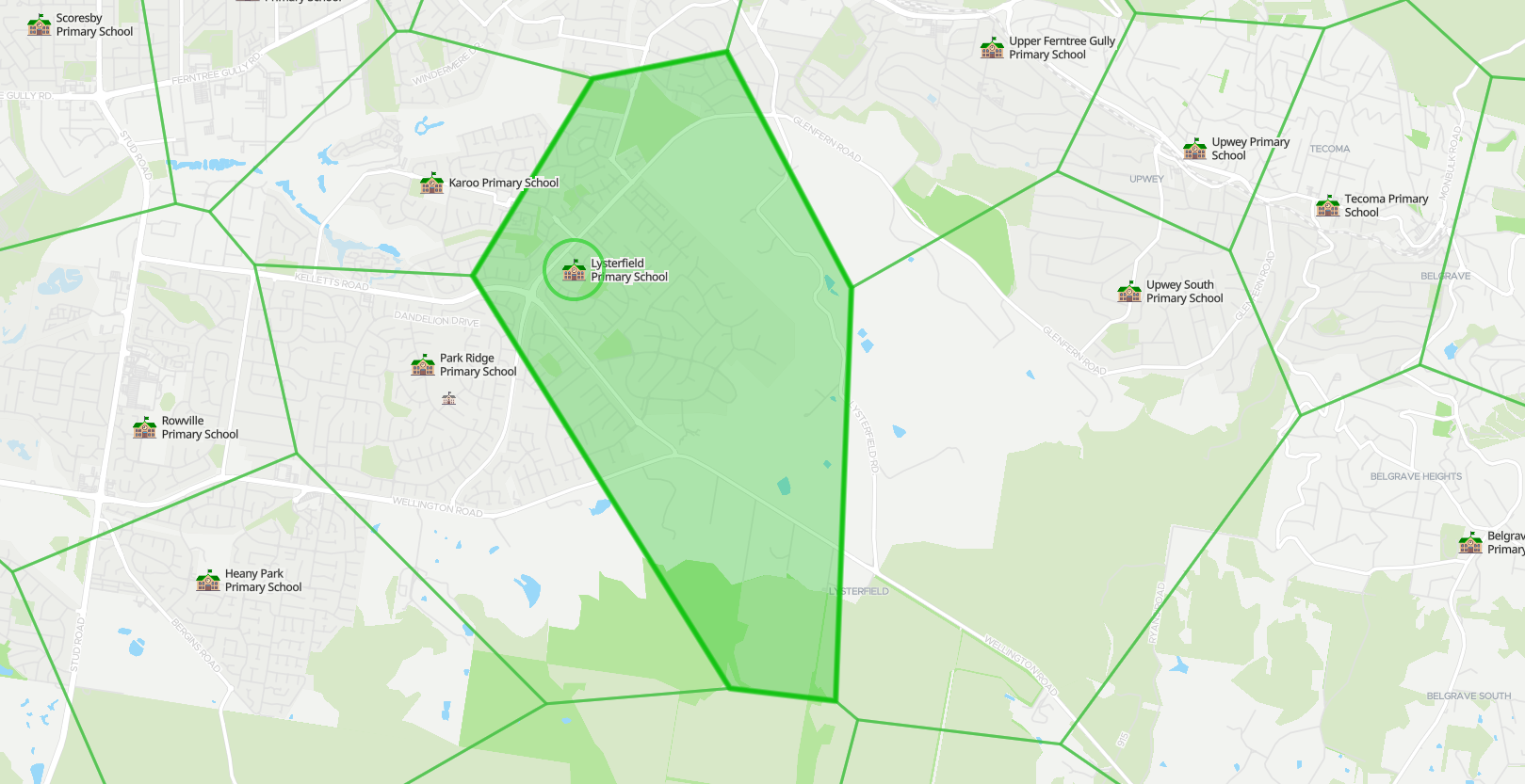 Map of a neighborhood showing the location of multiple primary schools, with one school highlighted in green.