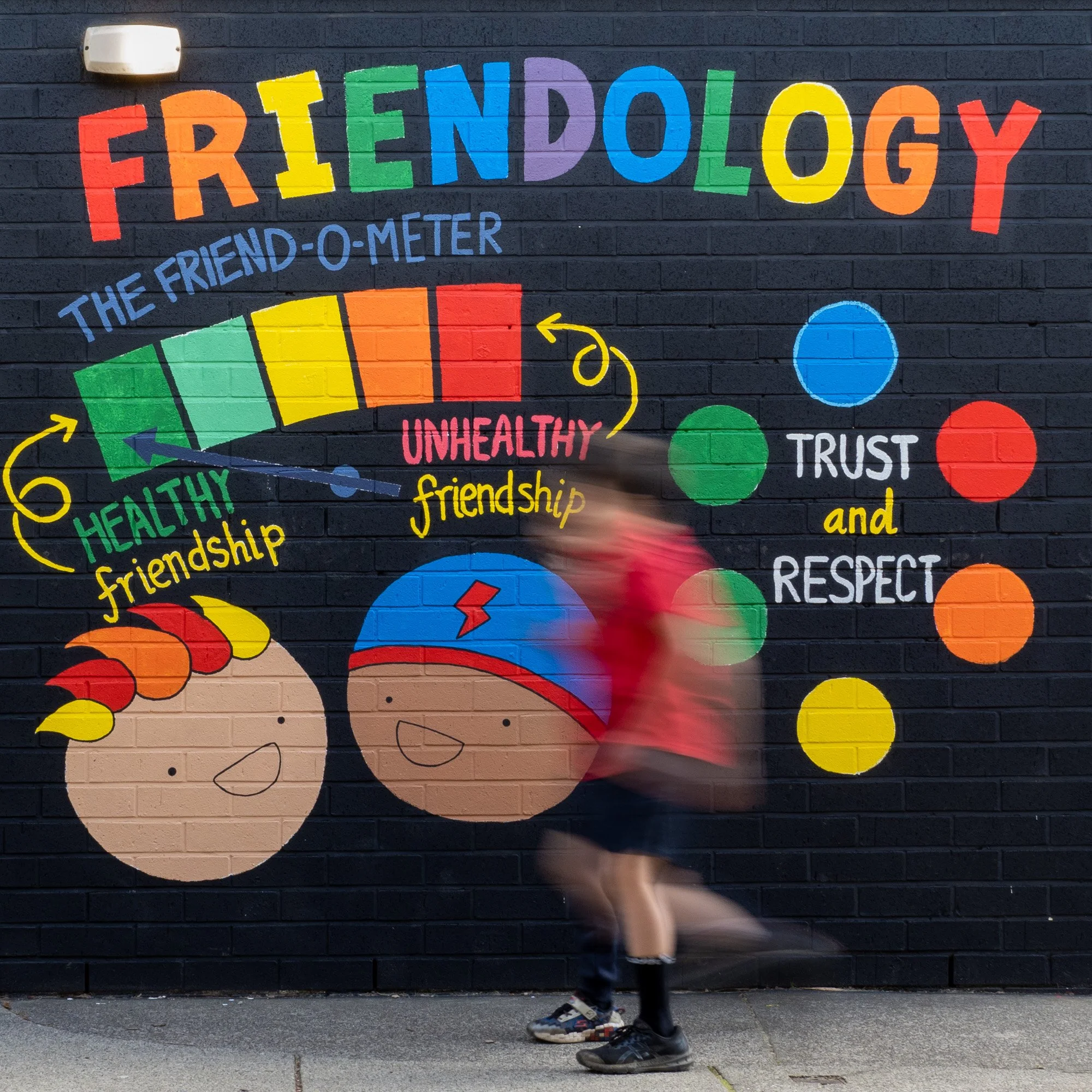 Colorful mural on a brick wall titled "Friendology" illustrating a friendship spectrum from healthy to unhealthy, with faces and circles representing trust and respect.