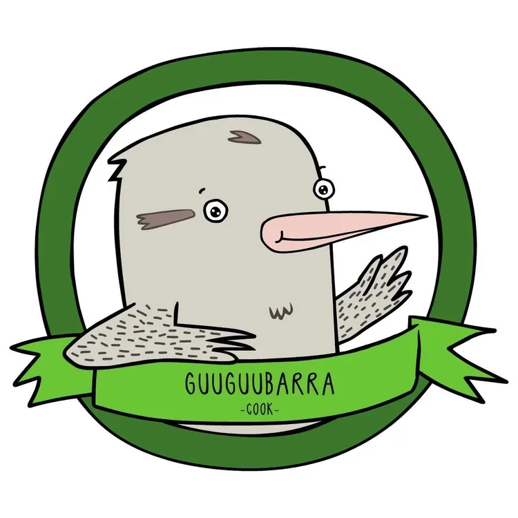 Cartoon bird with a long beak, inside a green circular badge with a green ribbon that says 'Guugubarra Cook'