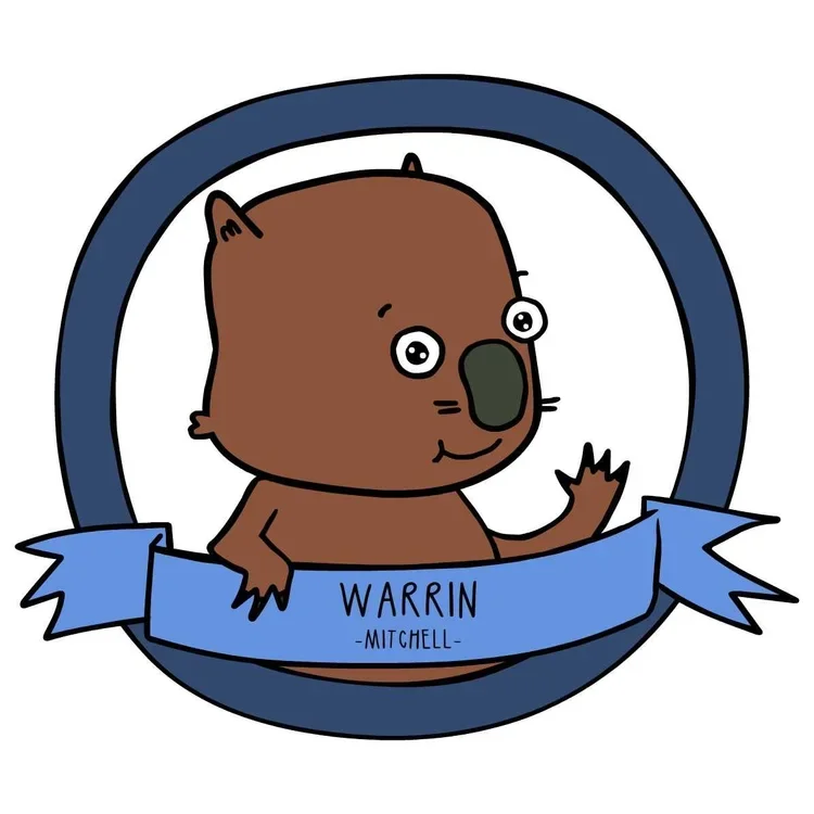 Cartoon drawing of a brown wombat waving, with a blue ribbon below that reads 'Warrin - Mitchell,' inside a circular border.