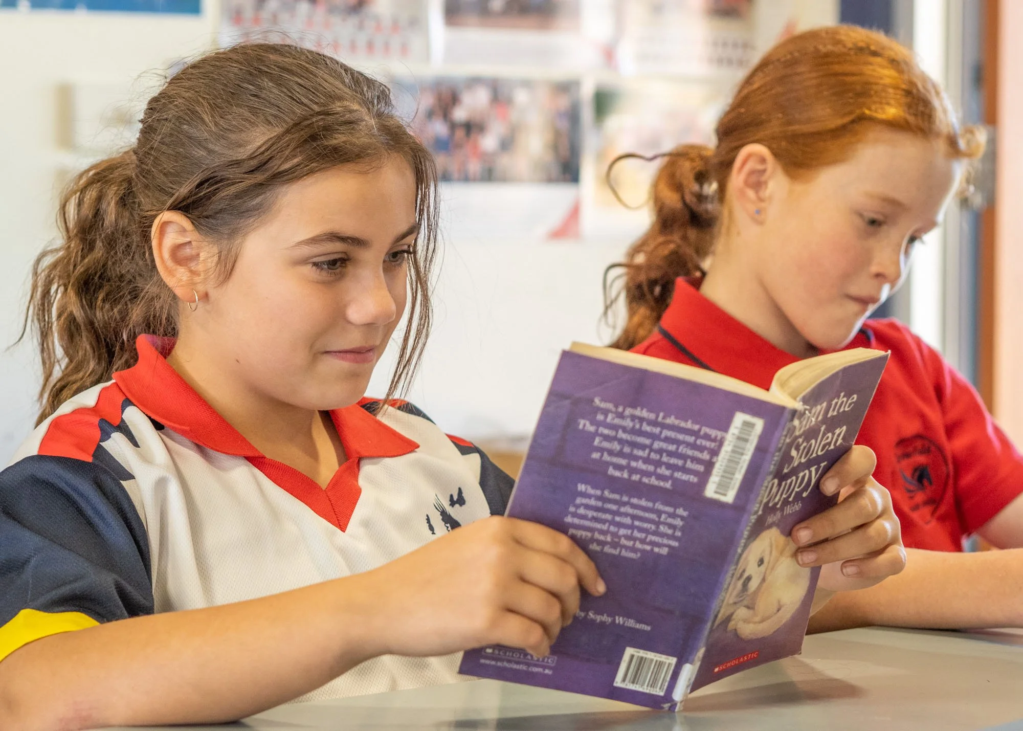 Two young girls with red hair reading books at a table in a classroom.