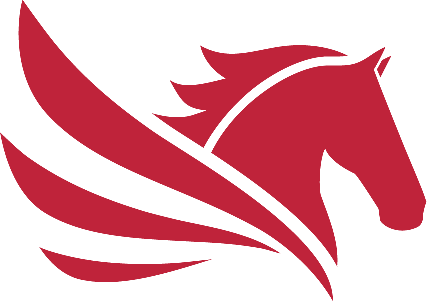Pegasus logo. A Stylized logo of a horse's head with flowing mane and wings.