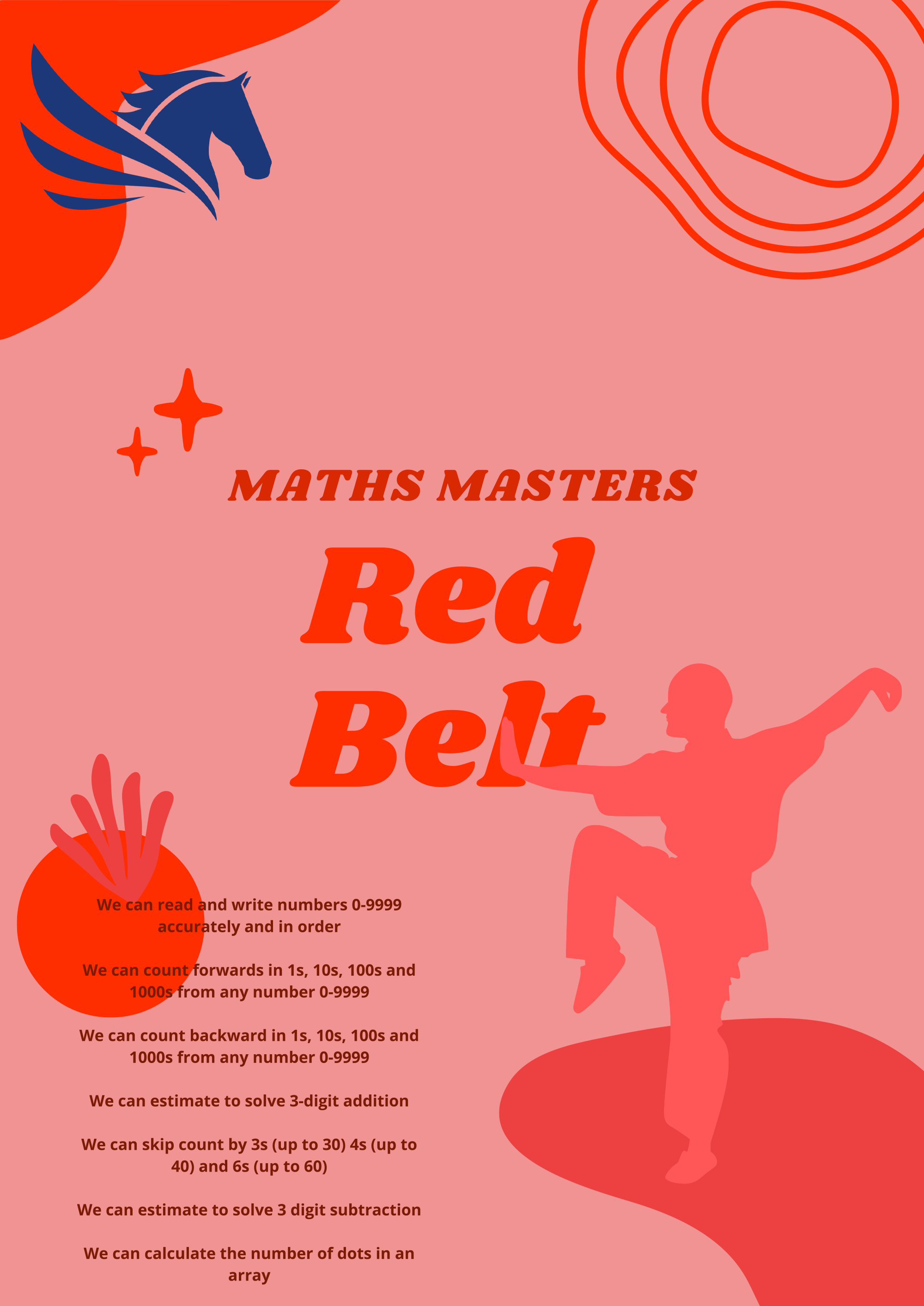 A certificate titled 'Maths Masters Red Belt'. It includes a blue horse logo, and a silhouette of a person performing a martial arts kick.