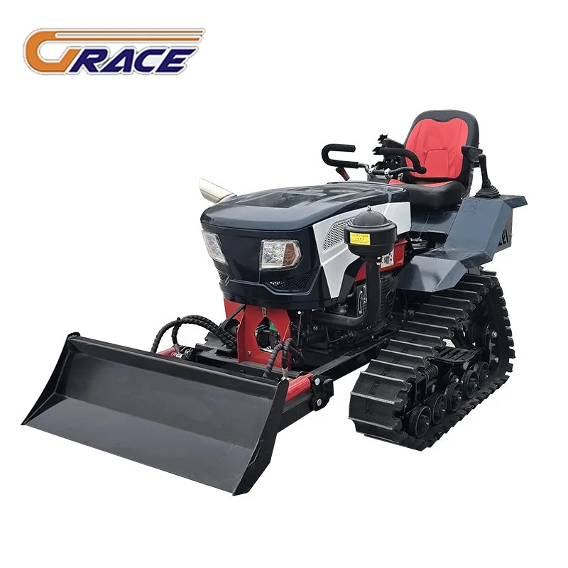 A small tracked skid-steer loader with a front bucket attachment, black and red in color, with a cushioned seat and steering controls, displayed against a white background with a 'G RACE' logo in the top left corner.