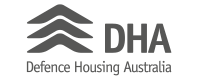 Logo of Defence Housing Australia with three black horizontal lines above the acronym DHA and the full name below