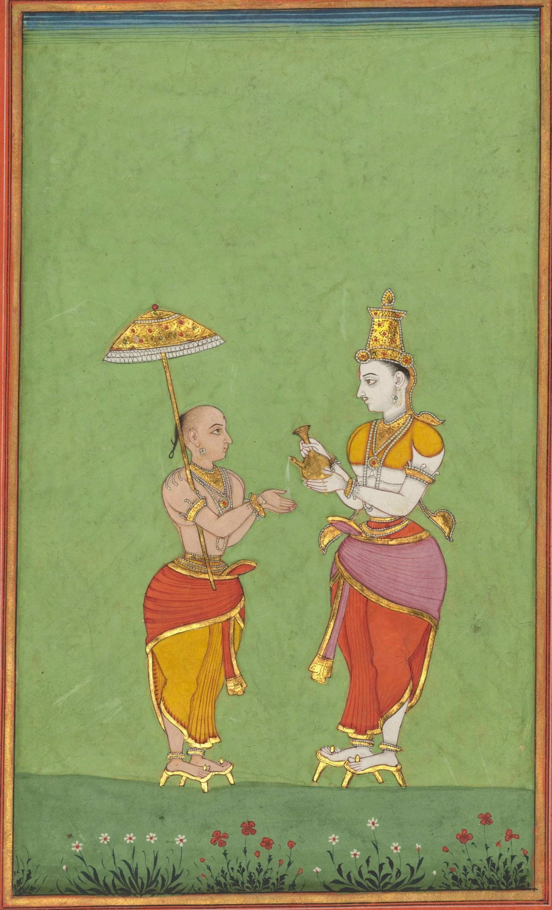 A traditional Indian painting depicting two royal figures, one presenting an item to the other. Both figures are dressed in ornate clothing and jewelry, with one standing on a small platform and holding a parasol. The background is green with floral motifs at the bottom.