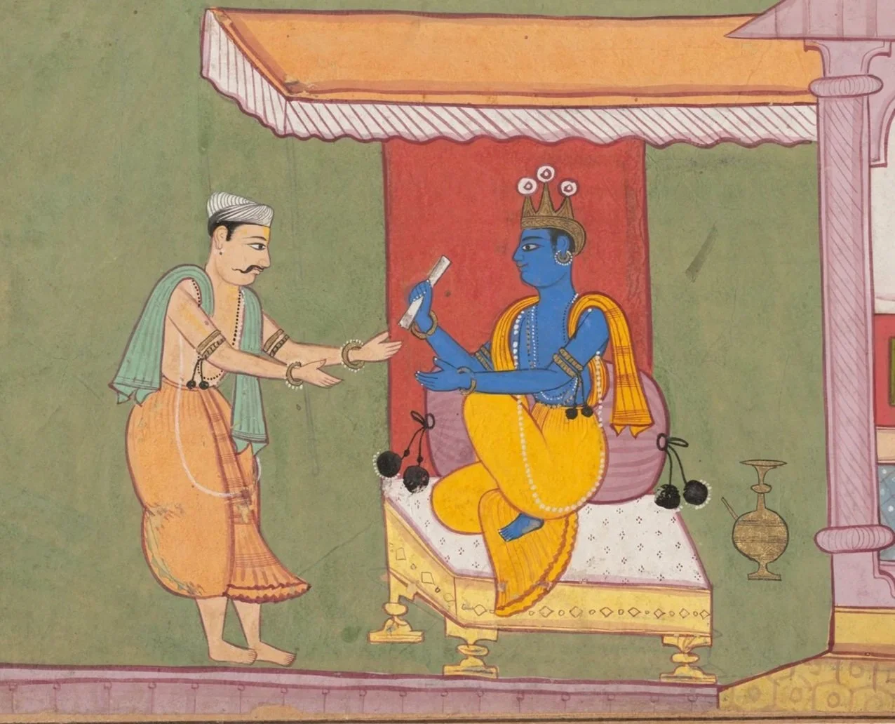 A traditional Indian painting depicting a man presenting a scroll to a seated blue-skinned king wearing a crown and yellow attire, inside a palace with decorative elements.