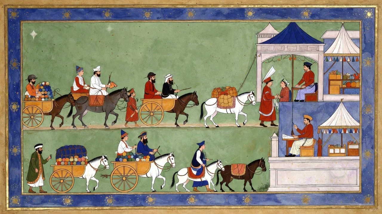 A colorful historical painting depicting a procession with people on horseback and in wagons, carrying goods, approaching a marketplace or fair with tents and vendors.