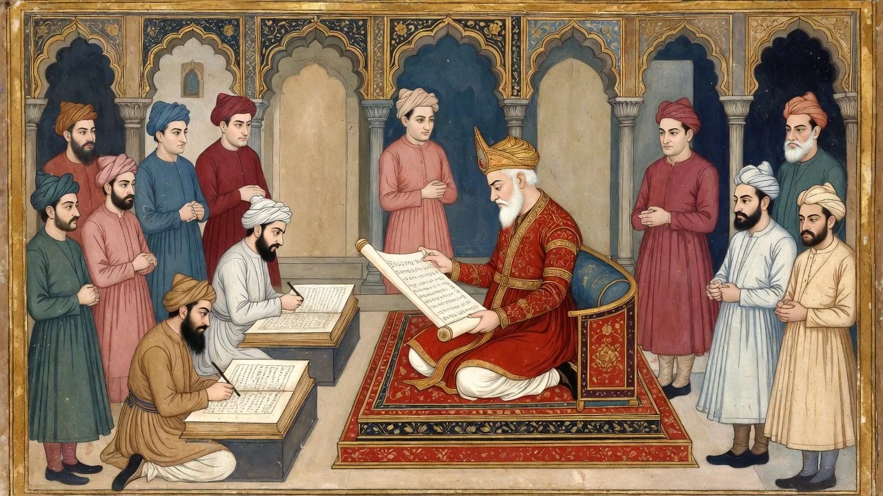 A historical painting of a Muslim ruler, likely a Mughal emperor, seated on a throne, reading from a scroll. Several courtiers and officials, dressed in traditional attire, stand and sit around him in a decorated palace setting with arched windows and ornate patterns.