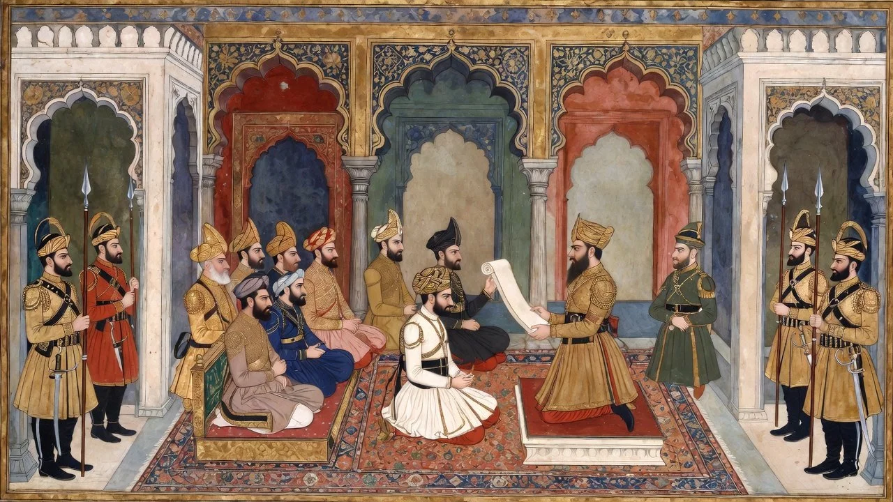 Historical painting depicting a royal court scene with seated men in traditional attire, a man receiving a scroll standing on a platform, and guards holding spears, set in an elaborately decorated Mughal or Indian palace interior.