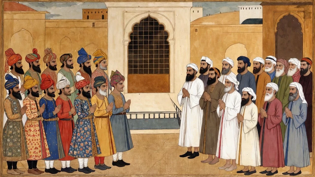 A traditional Mughal painting depicts a group of men, dressed in colorful attire with turbans, standing on the left, and another group of men, dressed in white and other muted colors with turbans, standing on the right, facing each other with folded hands in front of a palace or fort with large windows and arches. The scene appears to be a formal meeting or gathering.