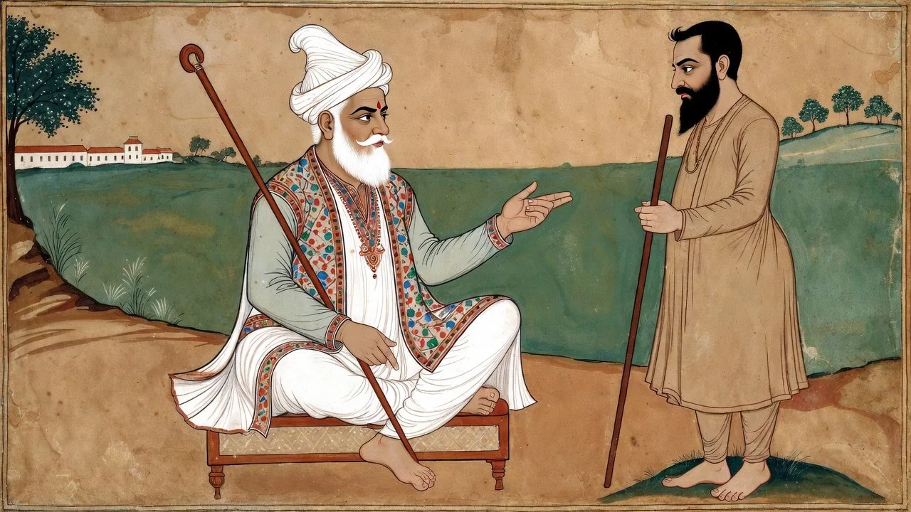 A traditional Indian painting depicting an elderly man with a white beard and turban sitting on a wooden seat, gesturing with his hand towards a younger man with a black beard, dressed in simple robes and holding a staff, standing barefoot on the ground. The background features a landscape with trees, grass, and a building.