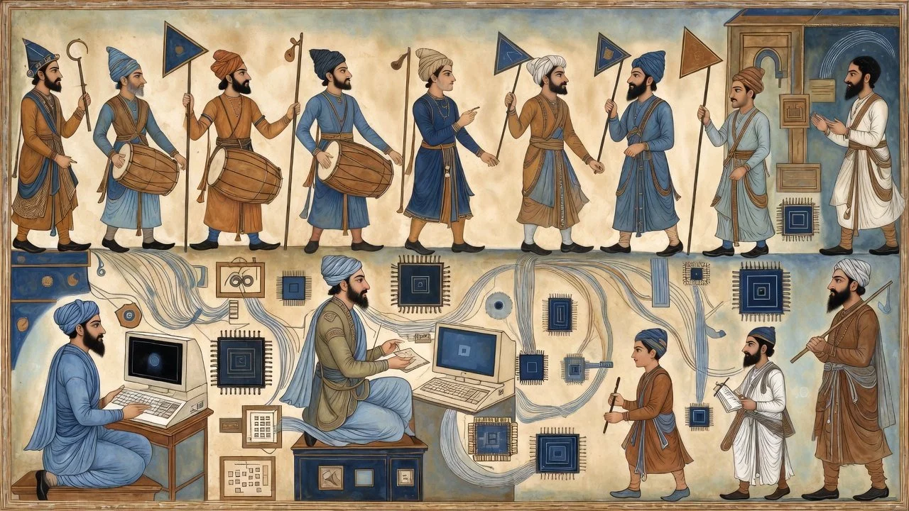 An ancient mural showing a procession of men with musical instruments on the top row, and a modern scene with computers and electronic components on the bottom row, connected by lines indicating technology and communication.