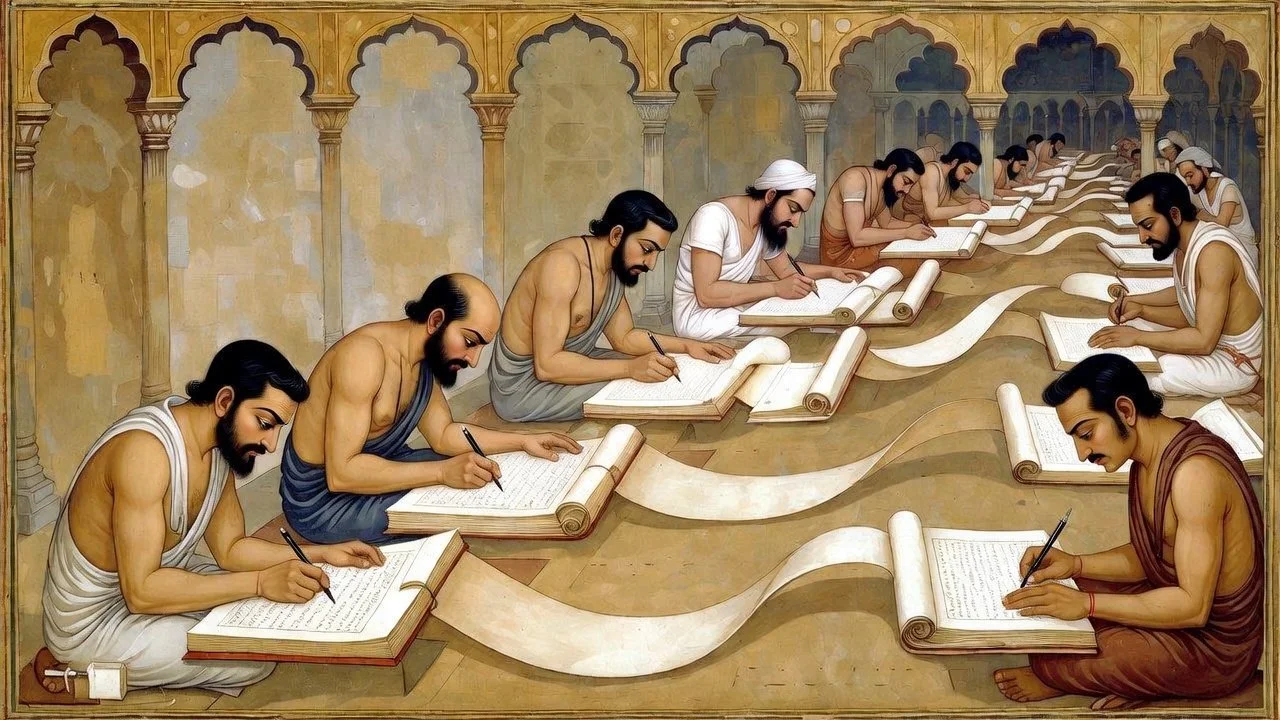 Historical painting of Indian scholars sitting on the ground, studying from large open manuscripts, with a decorative background of arches.