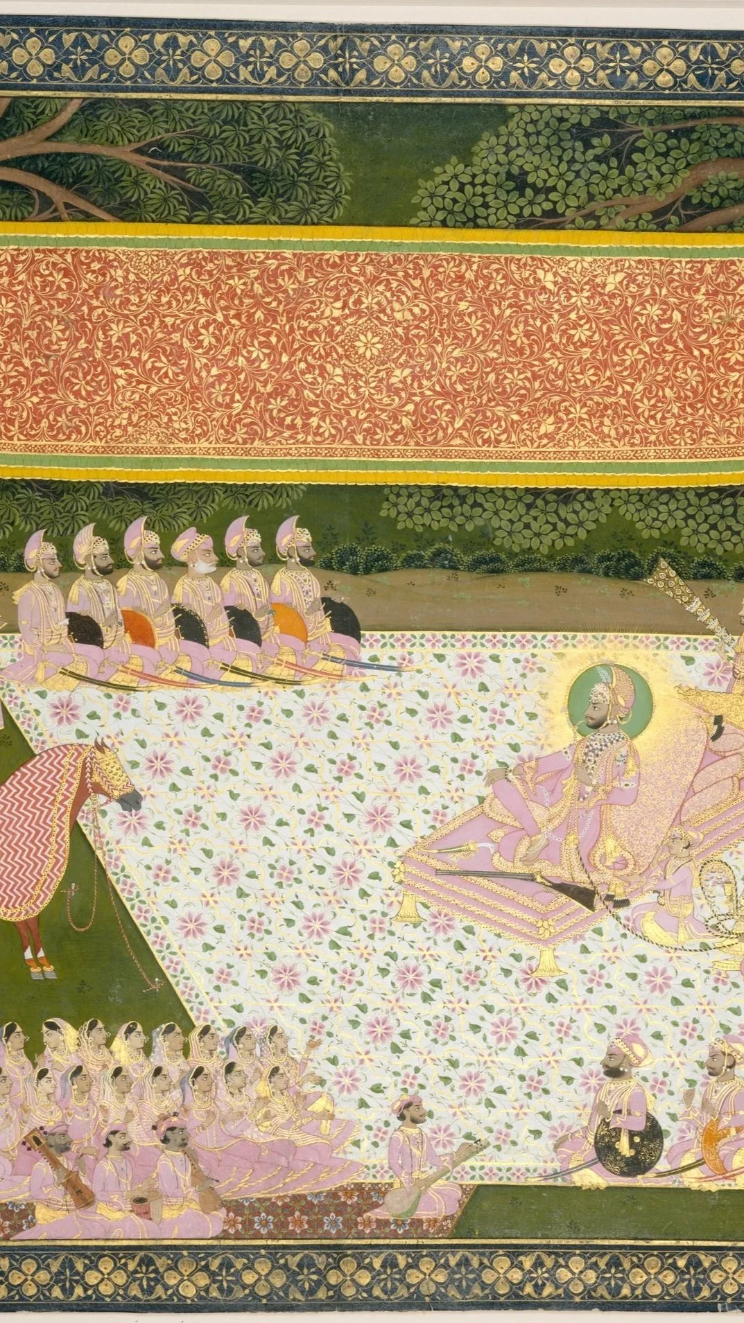 A colorful traditional Indian painting depicting a regal scene with a king resting on a throne, surrounded by courtiers and musicians, with a decorated horse and lush green background.