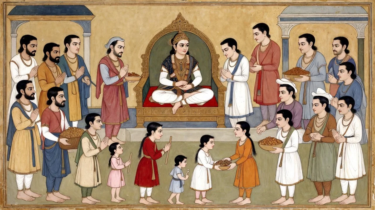 Hindu ruler seated on throne with followers and servants offering food and prayers, in a traditional royal court setting.