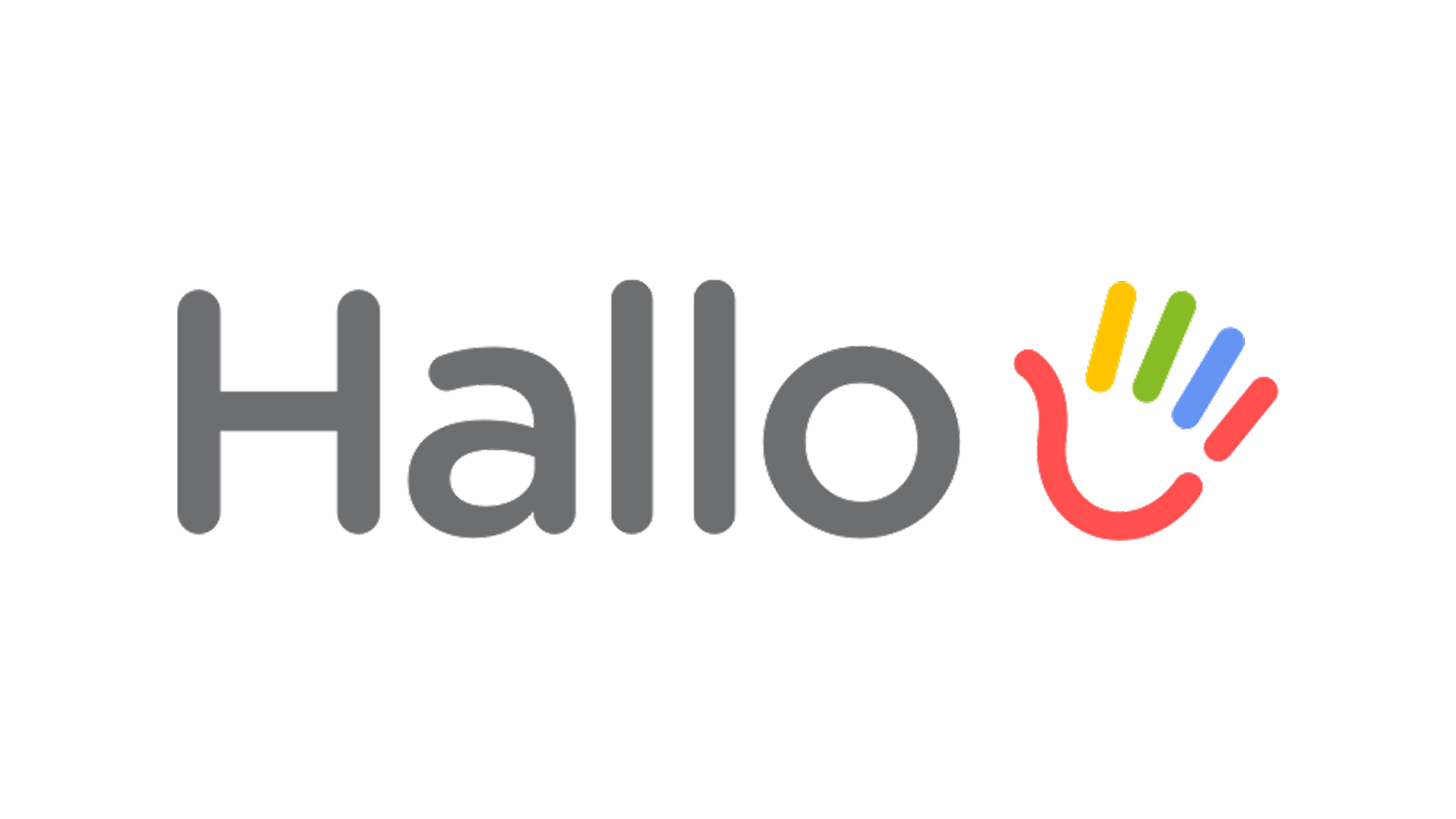 The word 'Hallo' written in gray letters with a stylized handprint featuring five colorful lines in red, yellow, green, blue, and red extending from the thumb and fingers.