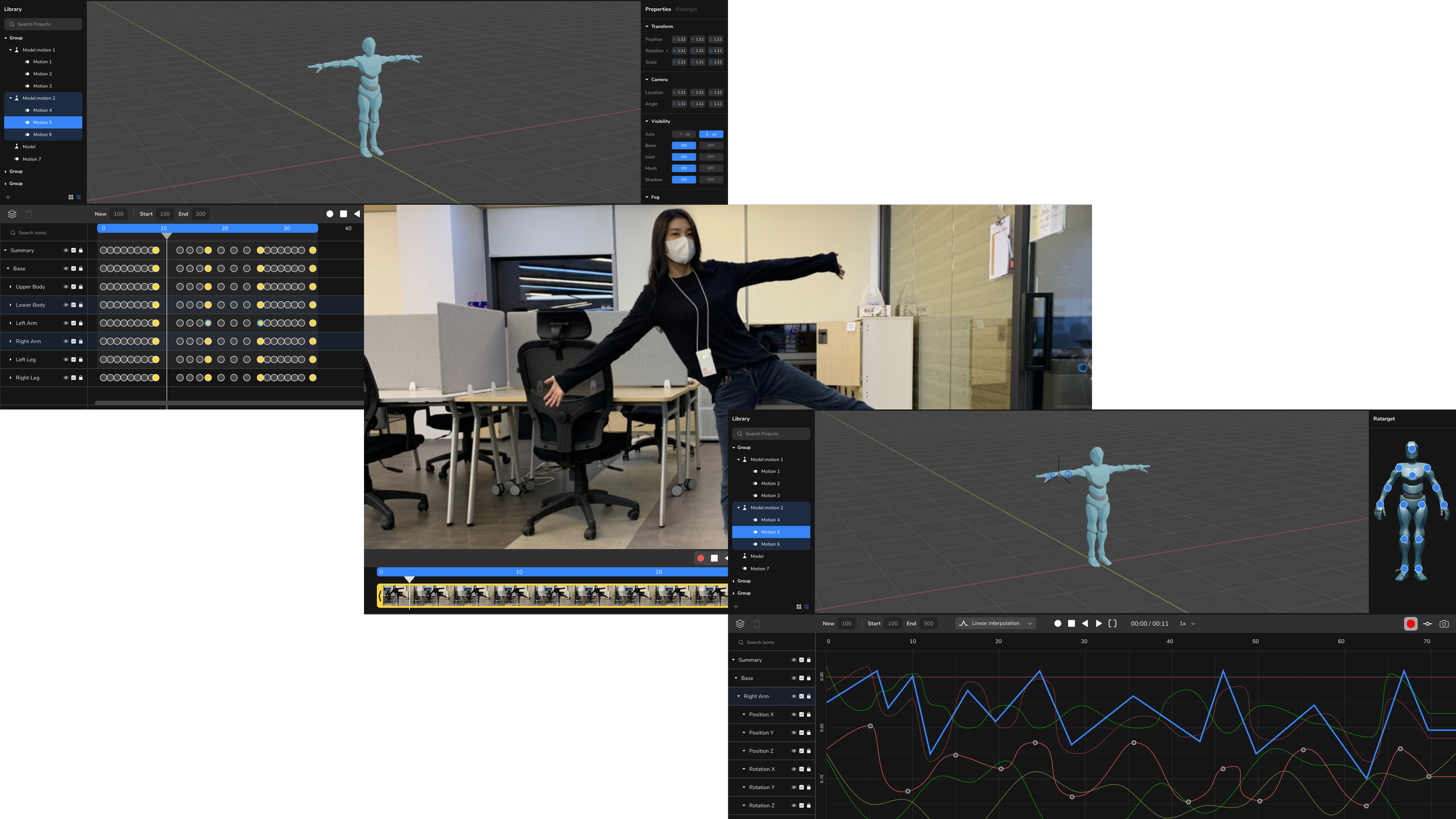 A woman in a black shirt and face mask is extending her arms, standing in an office with glass walls and chairs, while computer animation software screens show a 3D model of a human figure with rigging and motion graphs.