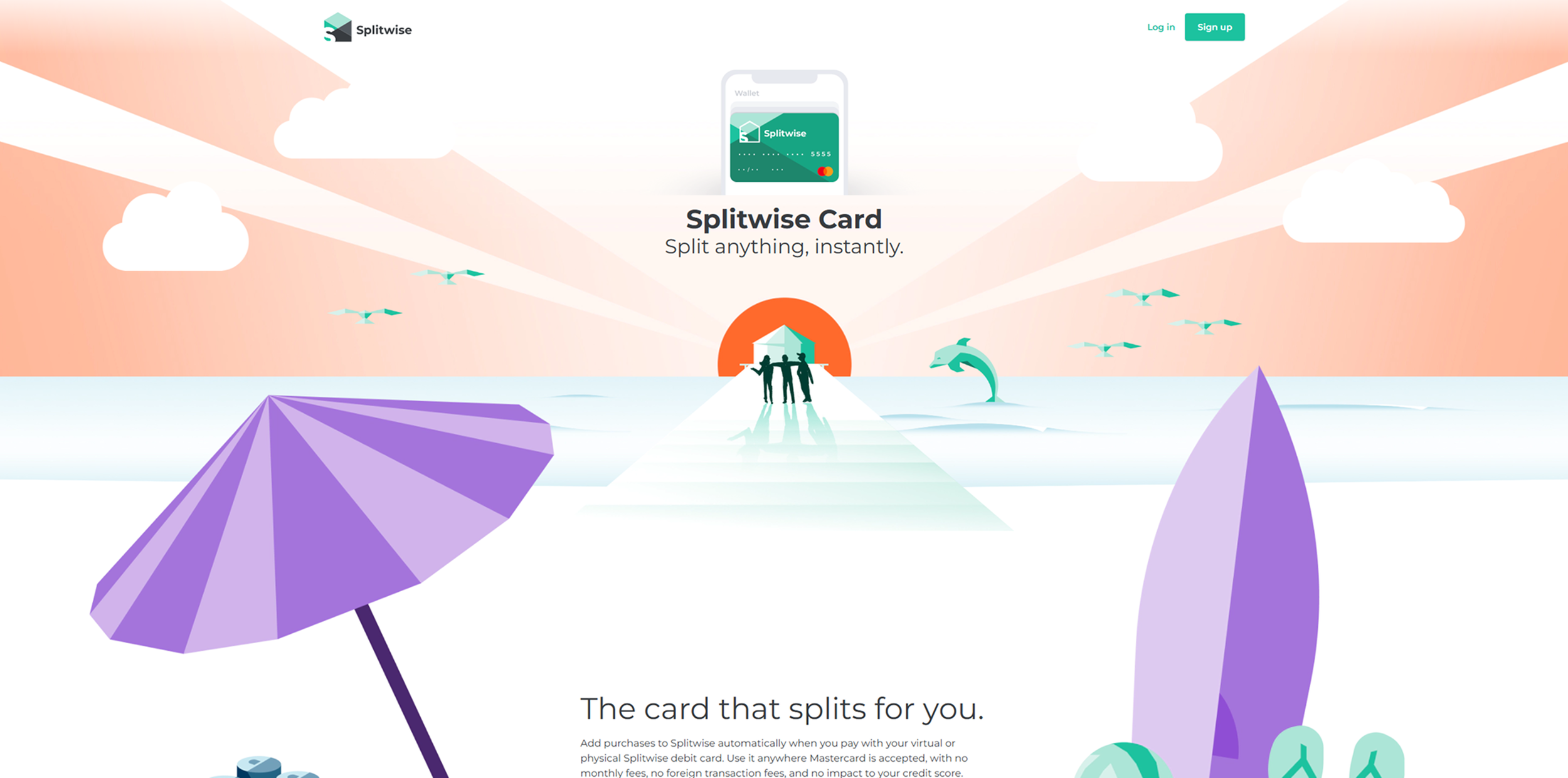 Illustration of a splitwise card with the text "Splitwise Card, Split anything, instantly." in the center, a pathway leading to people standing in front of a sunset, surrounded by clouds, a dolphin, and a purple umbrella and surfboard.