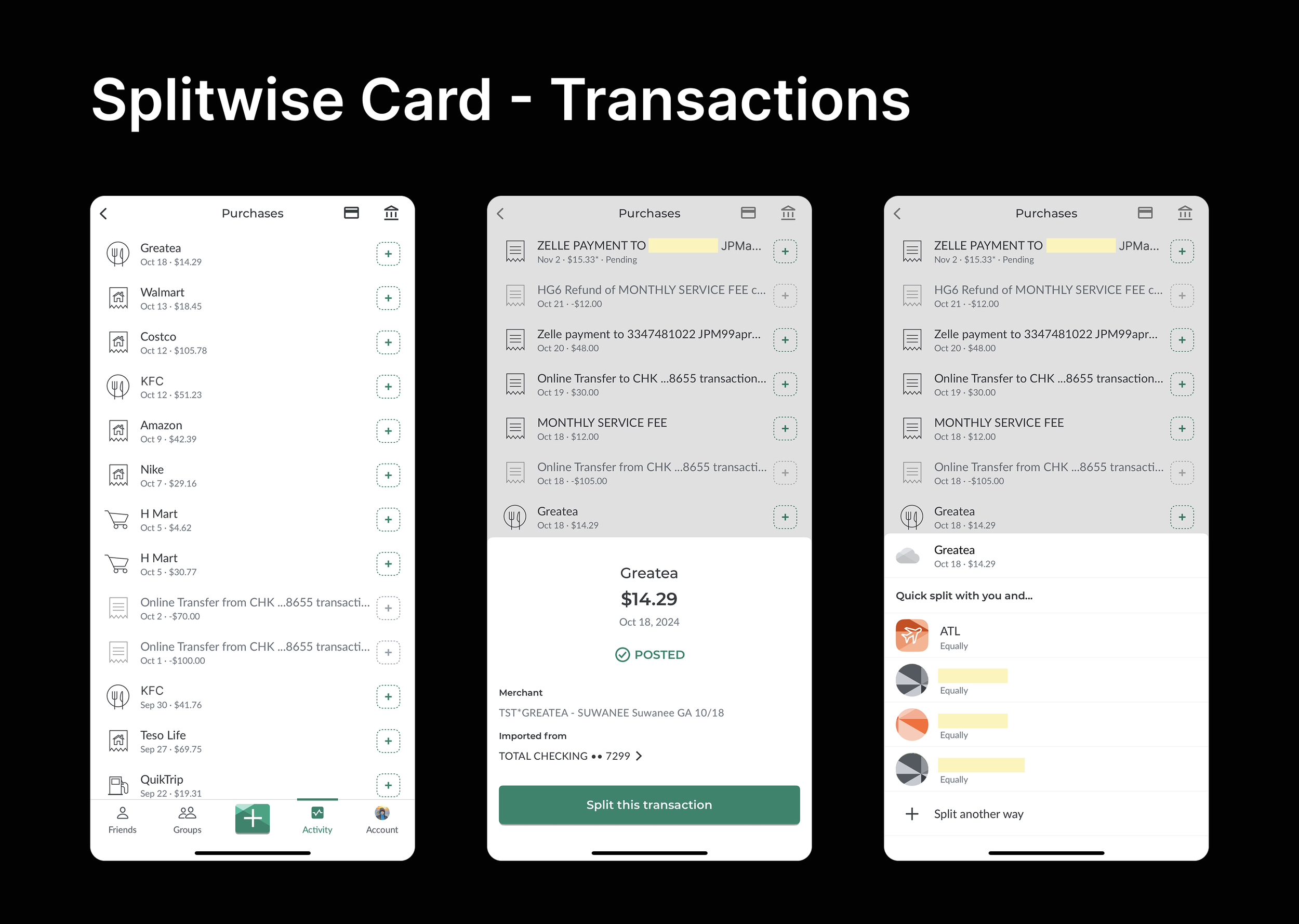 Screenshots of a mobile banking app showing split transaction feature. The first screen displays a list of recent purchases like Walmart, Costco, and Amazon. The second screen shows a specific transaction with details and a 'Split this transaction' button. The third screen shows options for splitting a transaction equally with different recipients, including ATL and multiple segments.