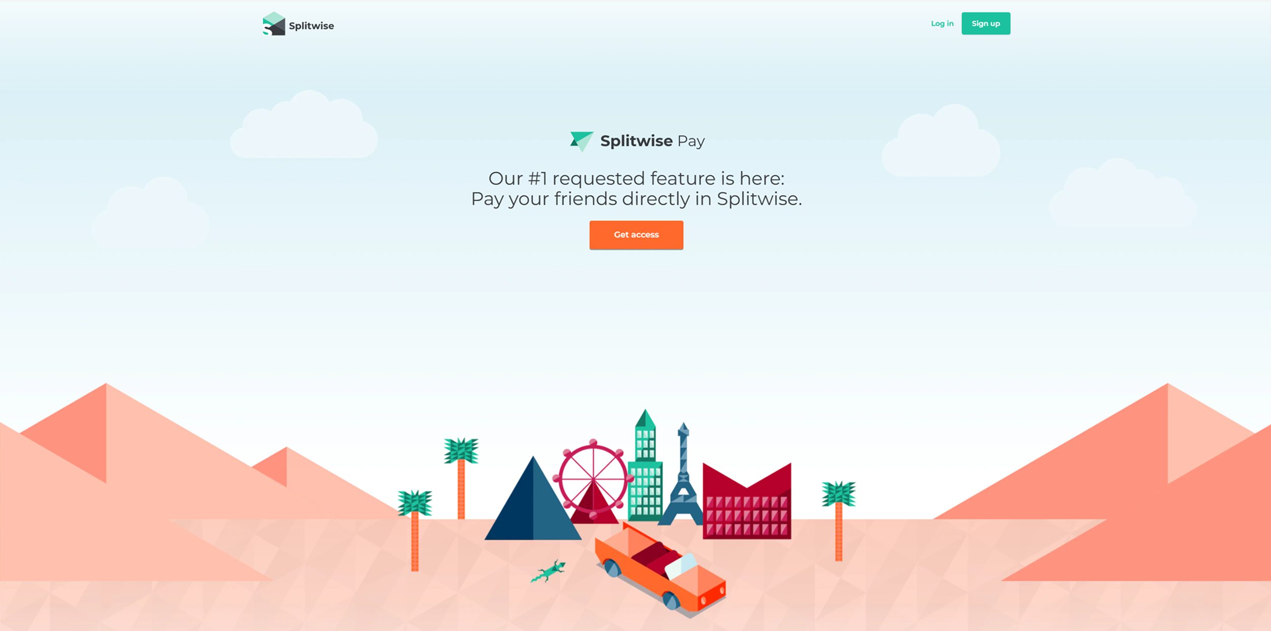 Illustration of a cityscape with palm trees, mountains, a car, a chameleon, and iconic landmarks such as a pyramid, a Ferris wheel, the Eiffel Tower, and a modern building, on a light-colored background.