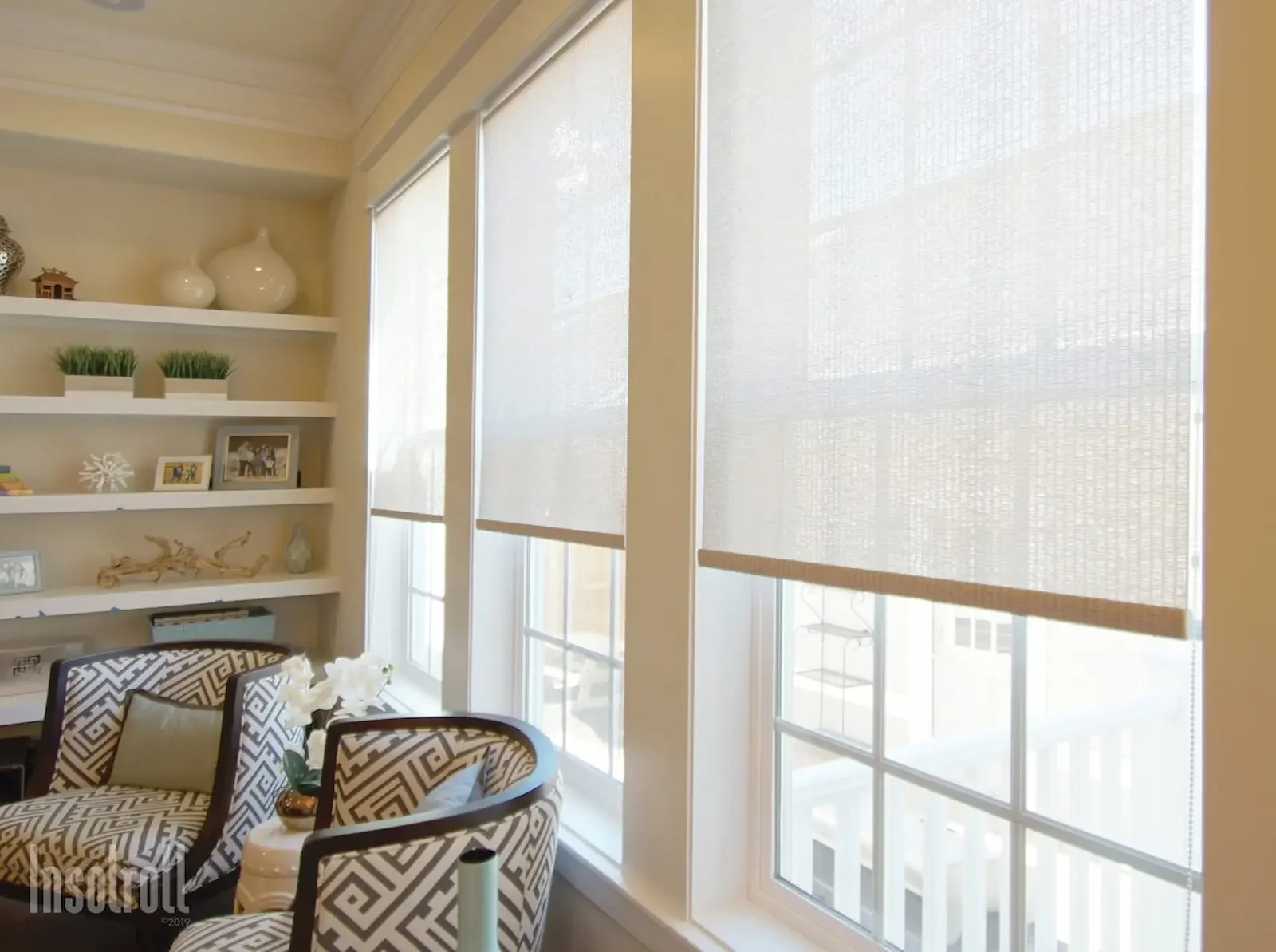 Solar shades installed in a Brentwood living room