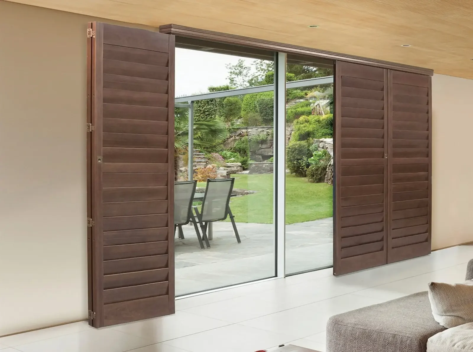 Norman Bifold-180 shutters are a perfect solution for wide patio doors.