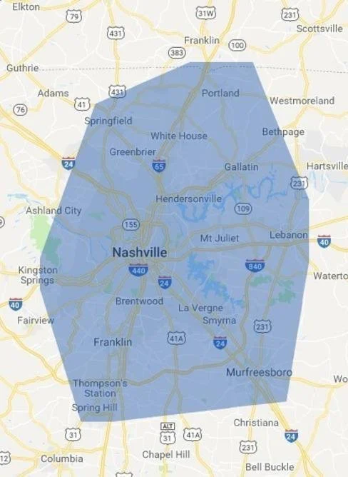 Image of a map showing our service area around Nashville and all surrounding cities and counties