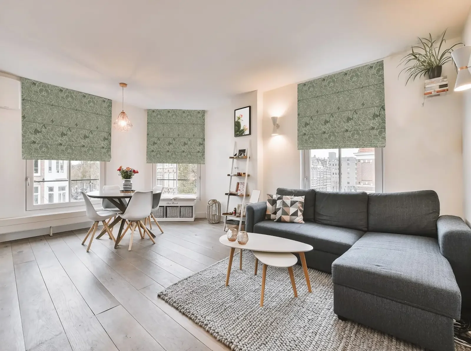 Designer Roman shades with fabric pattern