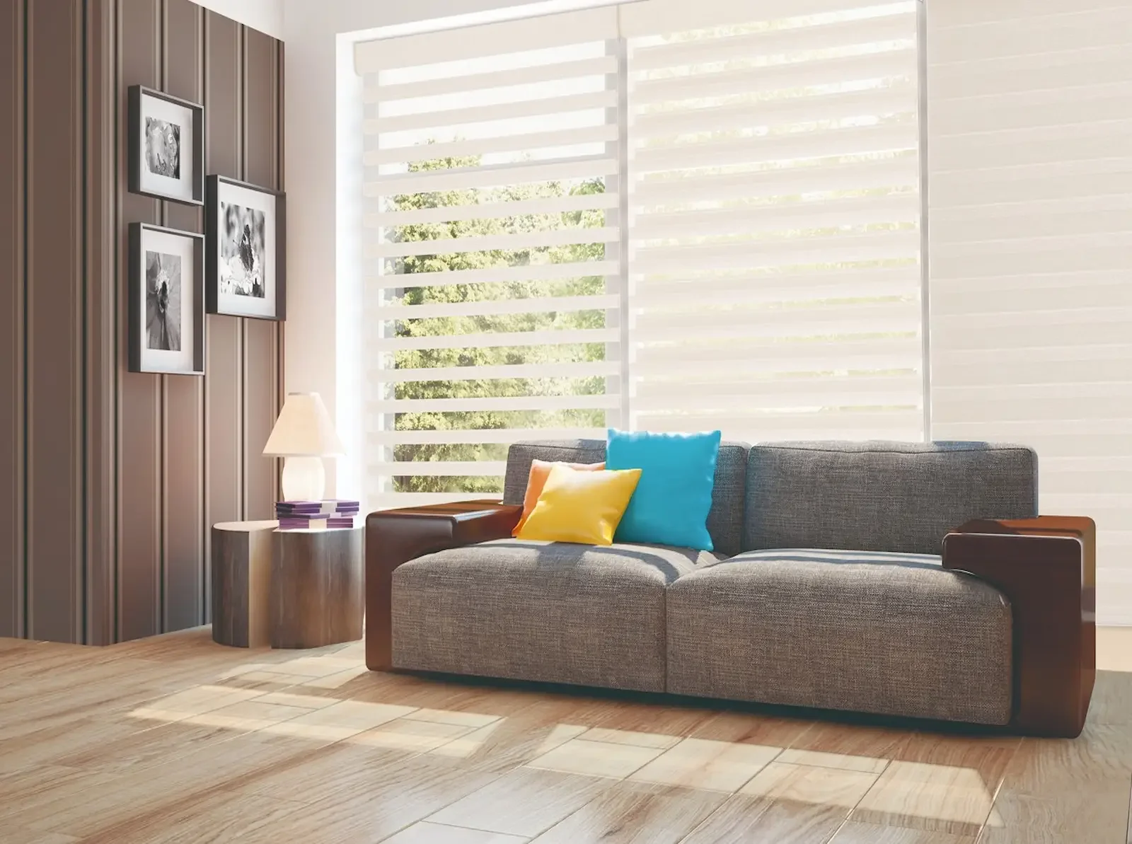 Norman sheer shades showcasing the transition from vanes open to closed for privacy