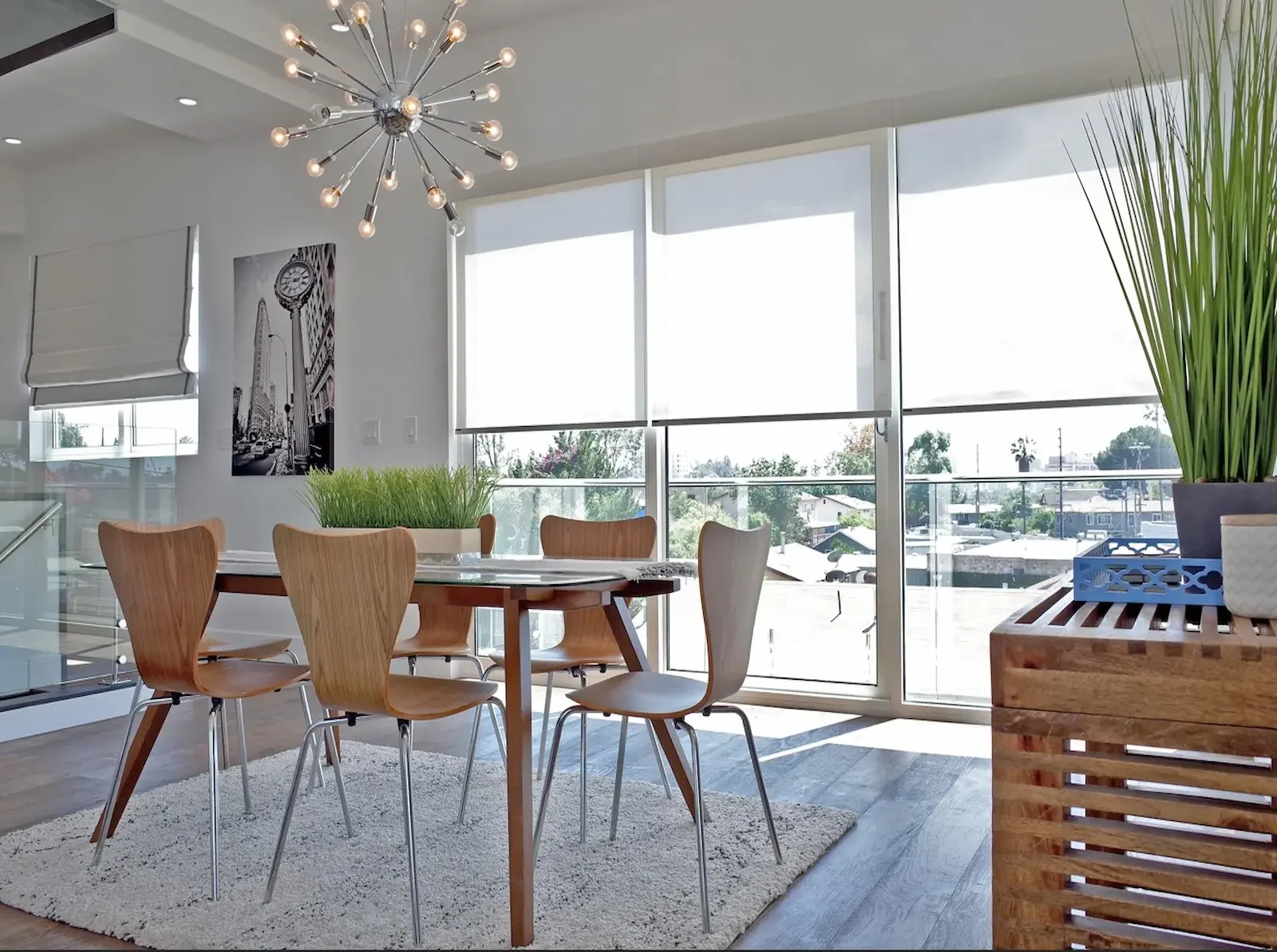 Roller shades mounted inside the window frame for a clean, flush look