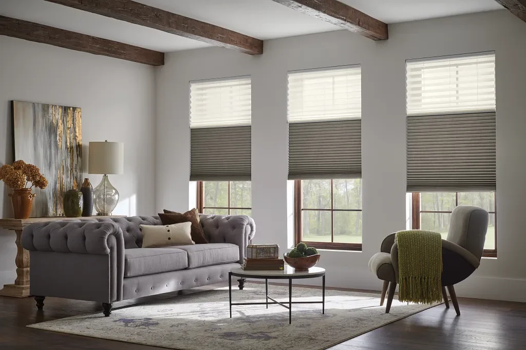 Dual honeycomb shades with sheer top and privacy bottom
