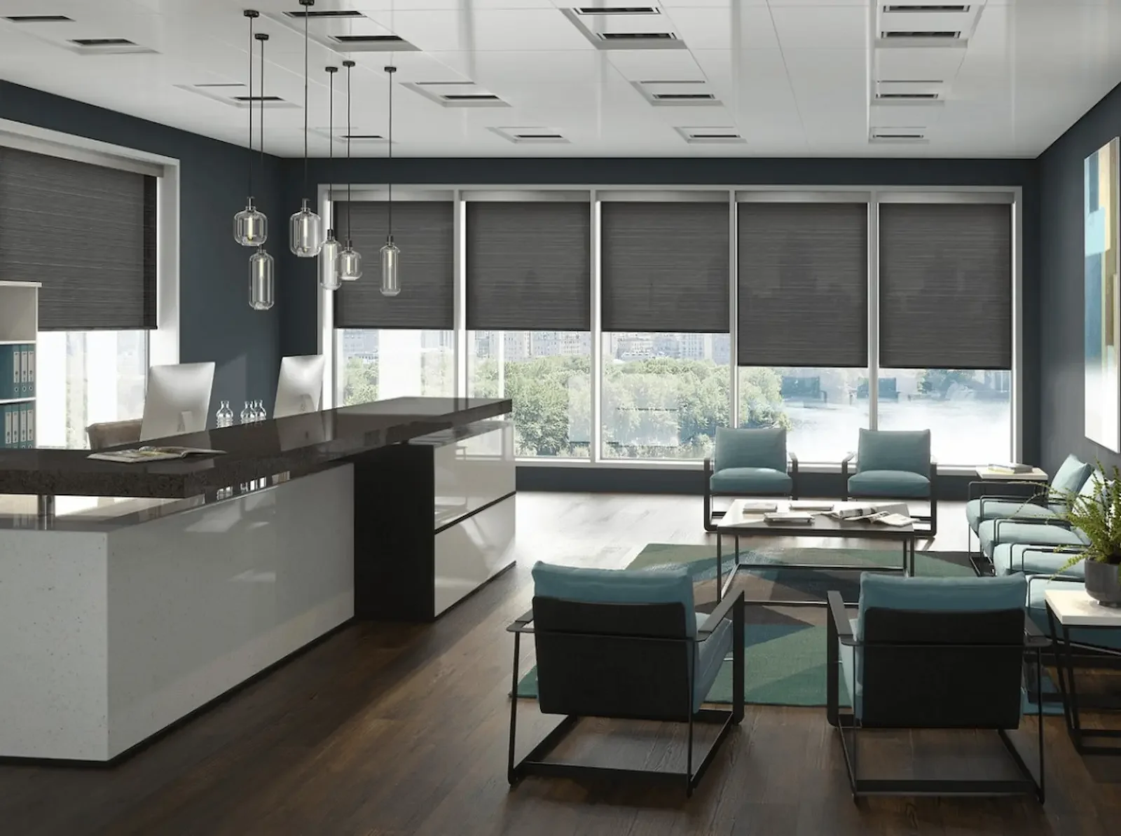 Solar shades installed across a wall of windows in a downtown setting